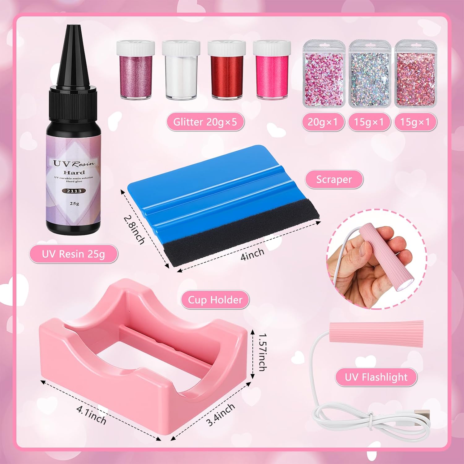 Meanplan 4 Pack Valentine's Day DIY Snow Globe Tumbler Supplies Kits, Red Pink Color Love Heart UV DTF Cup Wraps 16oz Double Wall Can 7 Colors Glitter Squeeze Bottle Scraper UV Resin Flashlight Funnel - Image 3