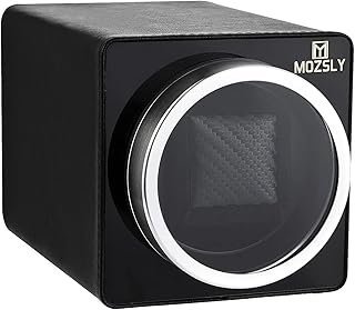 MOZSLY Watch Winder for Automatic Watches Single Rotating Watch Box with Quiet Motor 12 Rotation Mode Setting Battery Powered or AC Adapter PU Leather