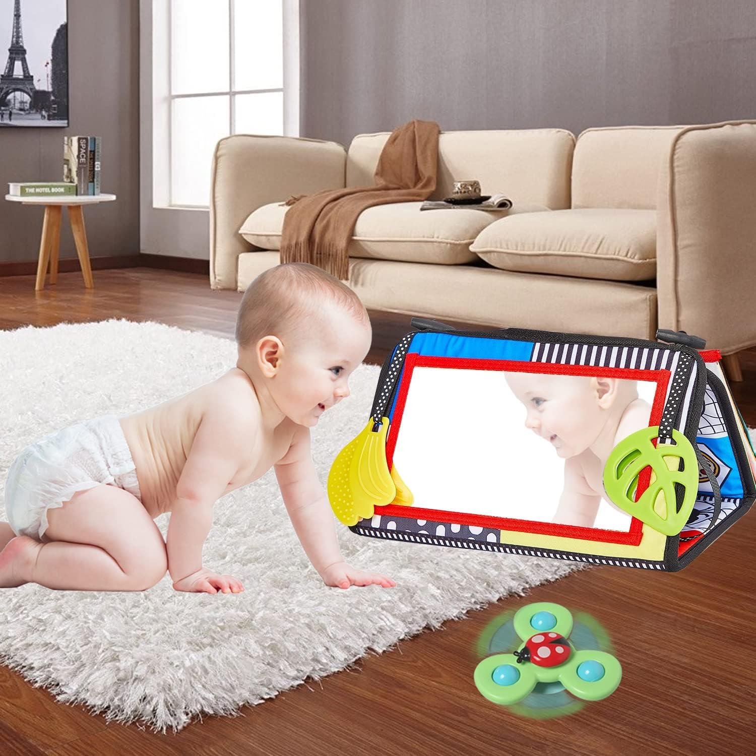 Tummy Time Floor Mirror, Baby Floor Mirror with Spinning Toy, Soft