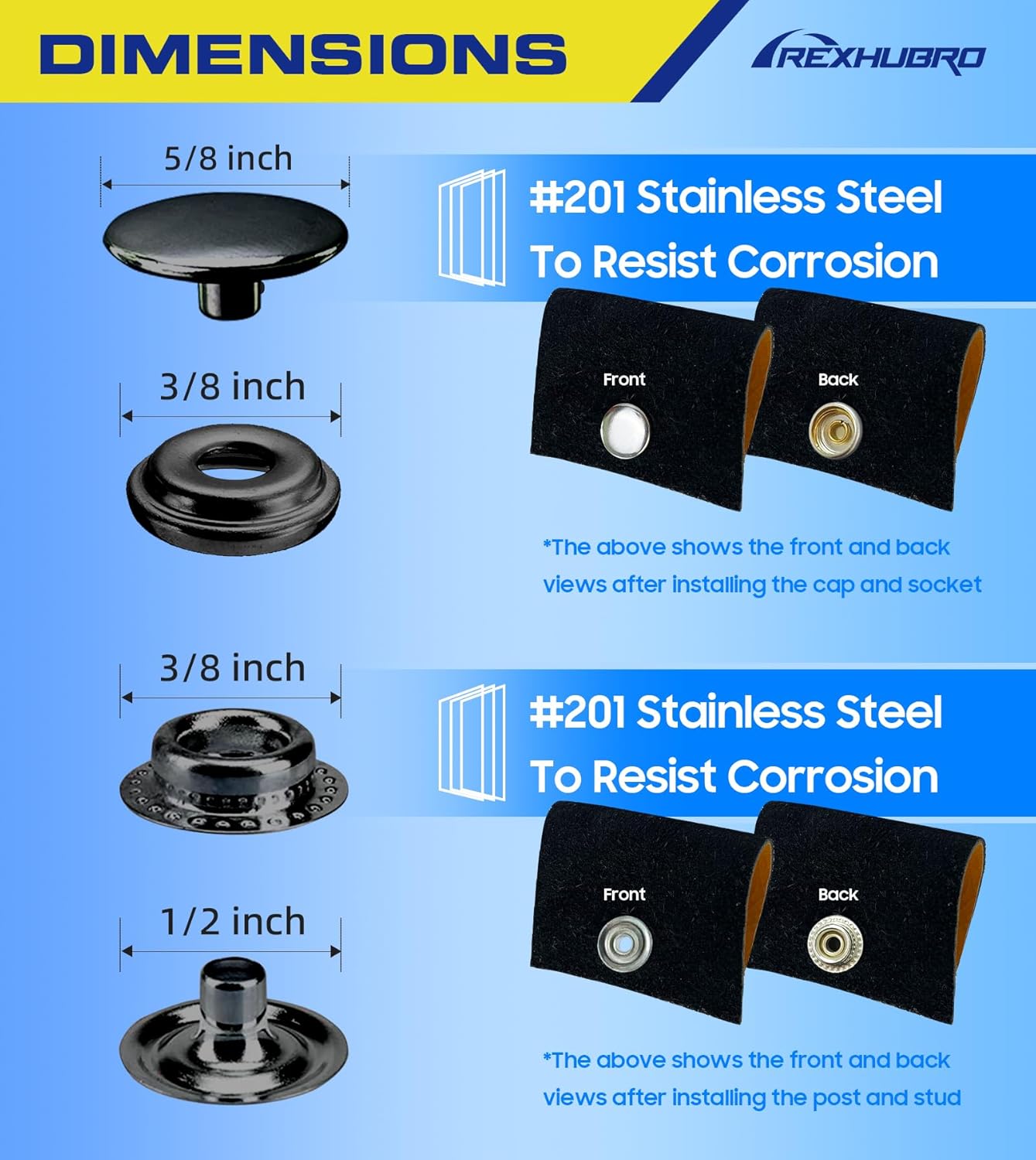 350 Pcs Canvas Snap Kit, Boat Canvas Snaps, 3/8" Socket Stainless Steel Snaps Marine Grade for Clothing Leather Fabric Canvas (Black)