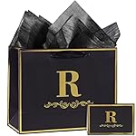 momoake Alphabet Birthday Gift Bag with Card and Tissue Paper for Men Women, 13 Large Black Gold Personalized Bridal Party Gift Paper Bag for Gifts Wrapping - (Letter R)