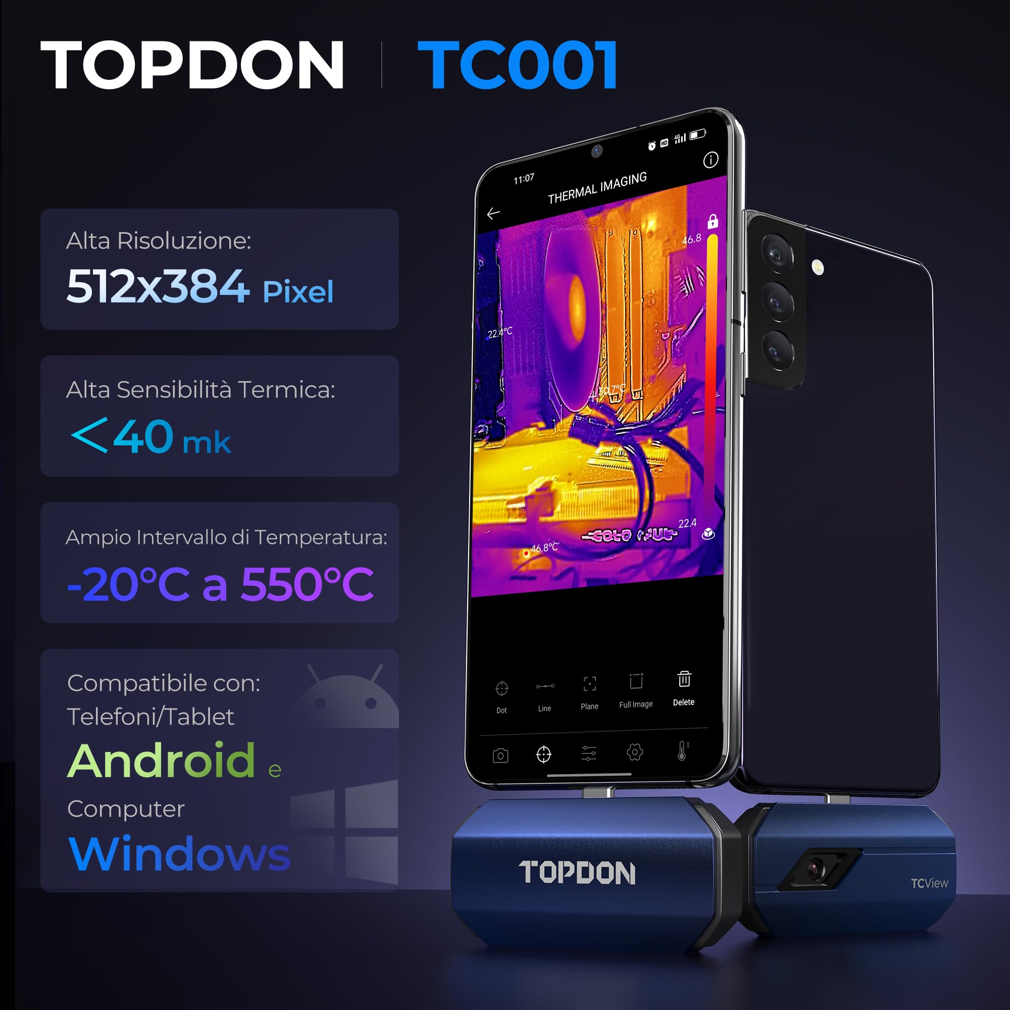 TOPDON TC001 Termocamera Professionale per Android, 512x384 TISR ad Altissima Risoluzione, Campo di Misura della Temperatura -20℃ a 550℃, Precisione 0.1℃