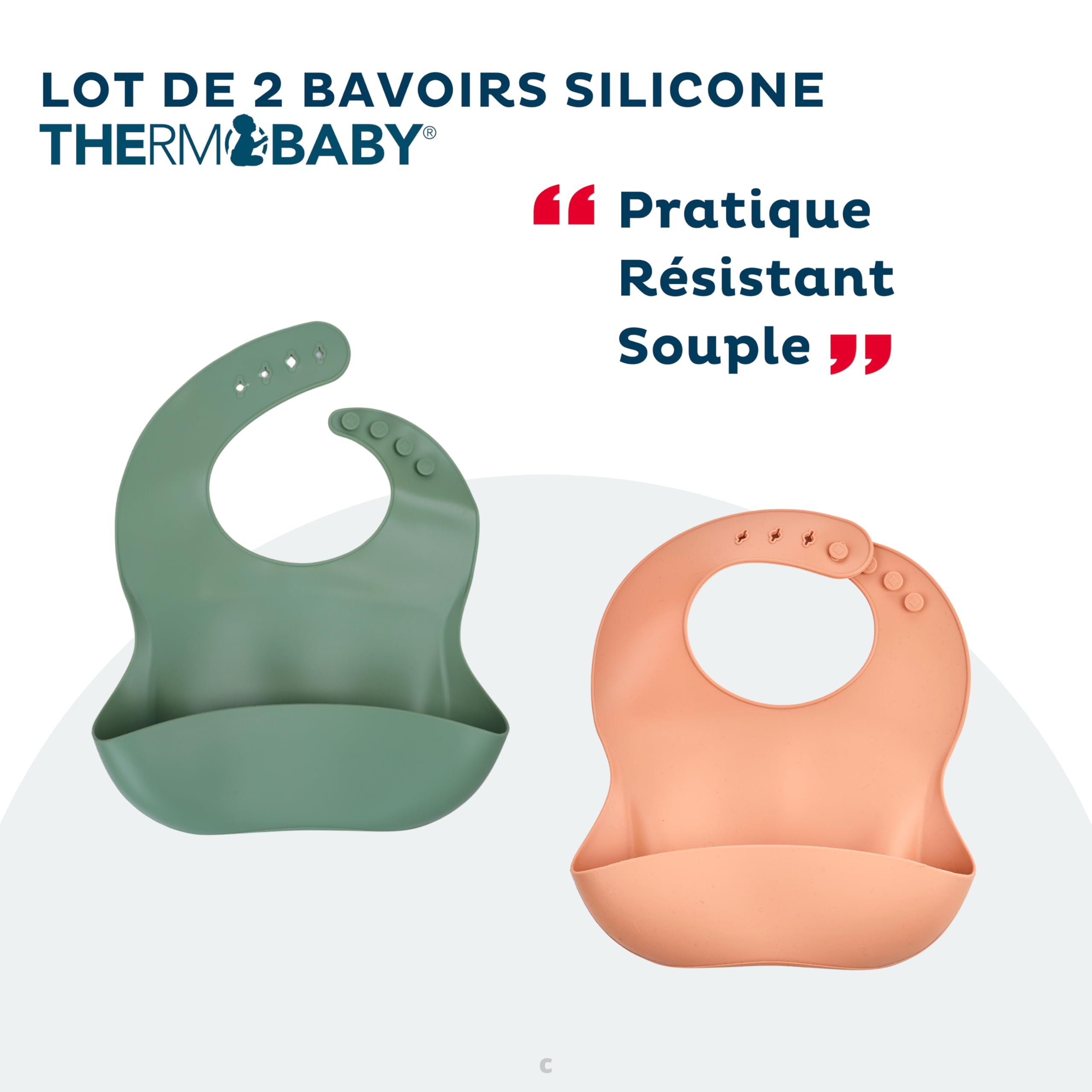 THERMOBABY - Set di 2 bavaglini in silicone morbido per neonati con tasca di recupero - Regolabili e facili da pulire - Ideale per i pasti - Pratico e impermeabile (verde cactus e pesca)