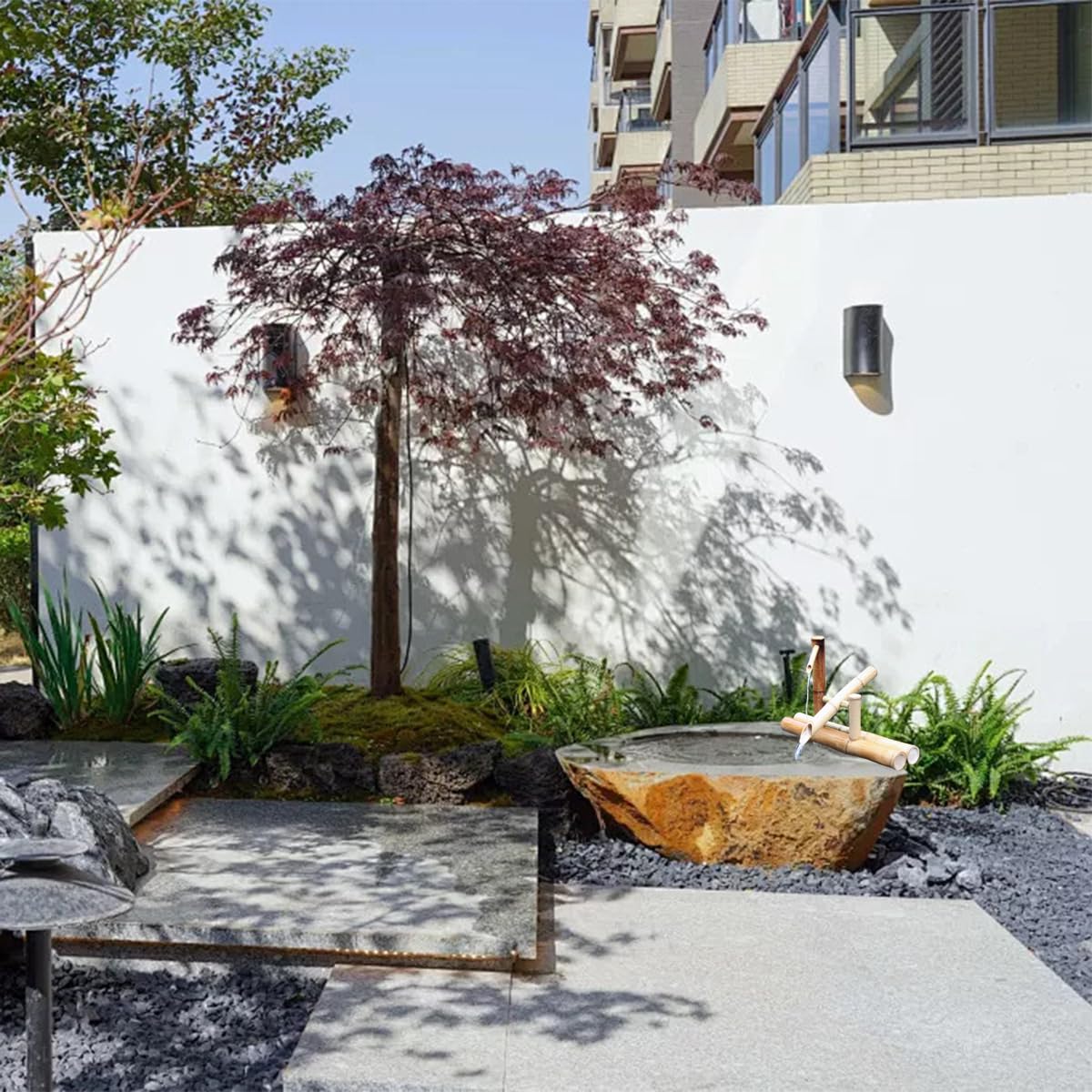 MRKU Fontana d'Acqua in bambù da Giardino, Kit per Paesaggio Acquatico da Cortile Zen con Pompa, beccuccio in Stile Giapponese con Finitura Liscia, per Oasi Fai da Te per Interni/Esterni