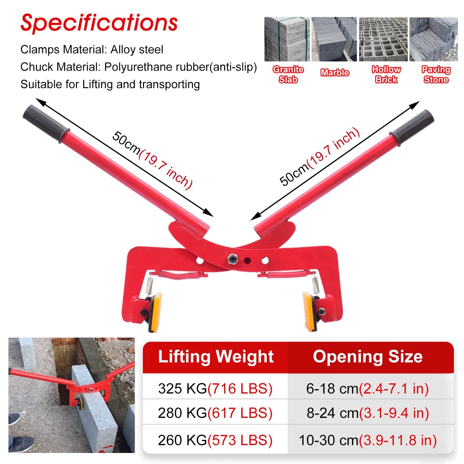 RENLXFI Heavy Duty Curb Paver Lifter Clamp, 325kg 280kg 260kg Handheld Marble Scissor Carrying Clamps Tool for Road Construction, Vertical Lifting Grabber, 50cm Handle(Lifting Weight 325 KG(716 LBS))