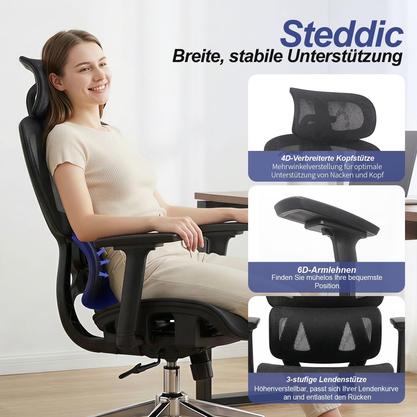Bürostuhl Ergonomisch, Schreibtischstuhl mit Automatischer Lendenstütze (2-Fach höhenverstellbar), 4D-Kopfstütze, 4D-Armlehnen, Atmungsaktives Mesh, Drehstuhl bis 150 kg für Home Office & Büro