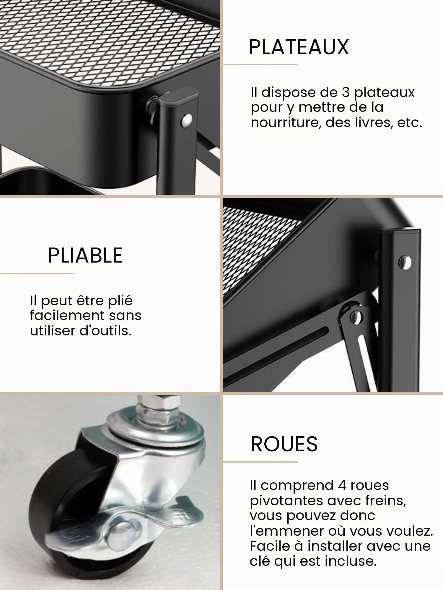 MAGIC SELECT Chariot de Cuisine Auxiliaire Pliant avec roulettes Noir