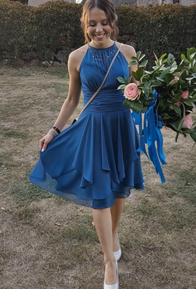 halter bridesmaid dress short Watch pleated doice chiffon on Amazon Live productcode_F22DDL1582