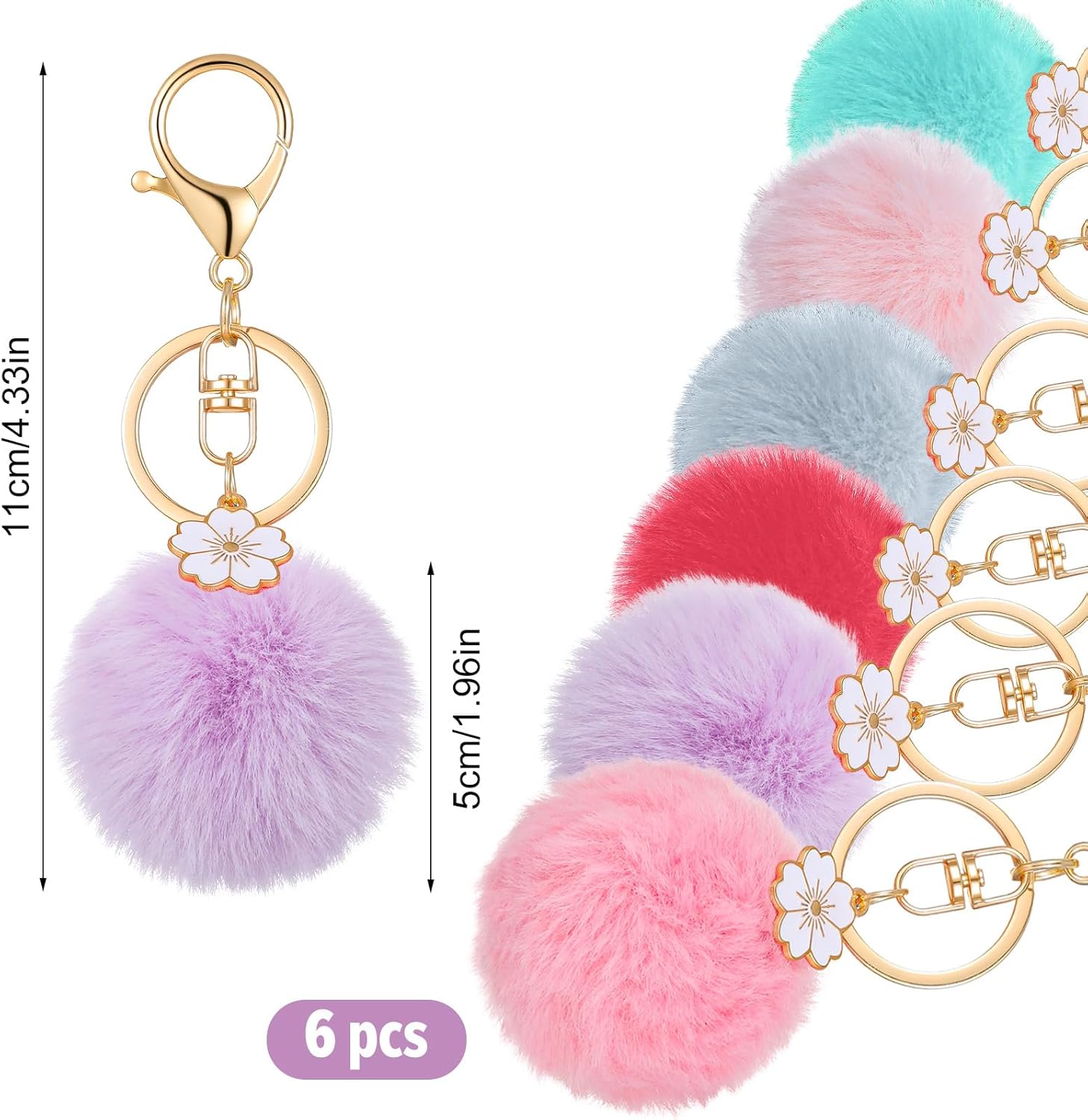 6PCS Animal Pom Pom Keychain, Rabbit Faux Fur Ball Keychain, Fluffy Ball Faux Rabbit Fur Pompoms Keyring, Cute Faux Fur Fluffy Fuzzy Keychain Ball for Girls Women Bag Accessories - Image 2