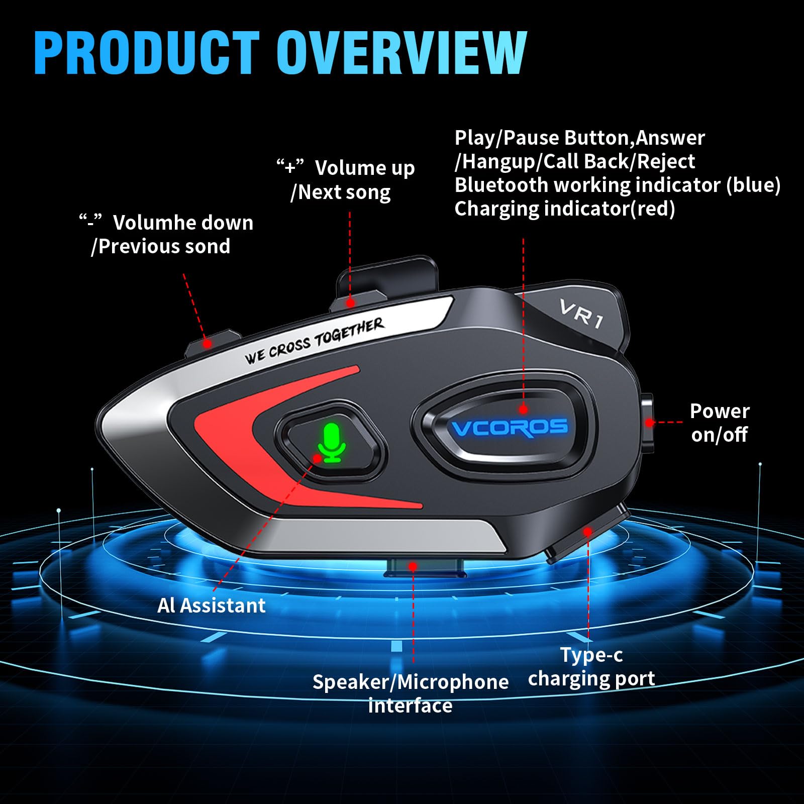 VCOROS Casco Moto Auricolare,VR1 Casco Moto Bluetooth Auricolare per Singola,IPX6 Impermeabile Cancellazione del Rumore per Vivavoce AI Voice Control,Controllo Musica (Hard Mic)