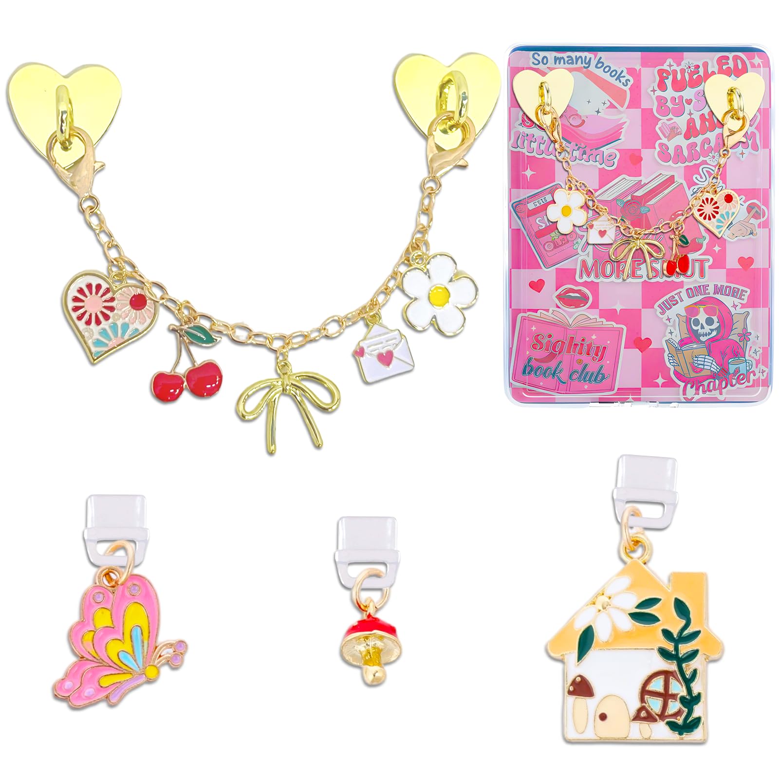 Dust Plug Charm Chains for Kindle - 4pcs Cute Bowknot Bracelets Decorating Accessories, Dustplug &amp; Phone Chain, Compatible for Kindle/E-Reader/Phones, Gift for Book Lovers