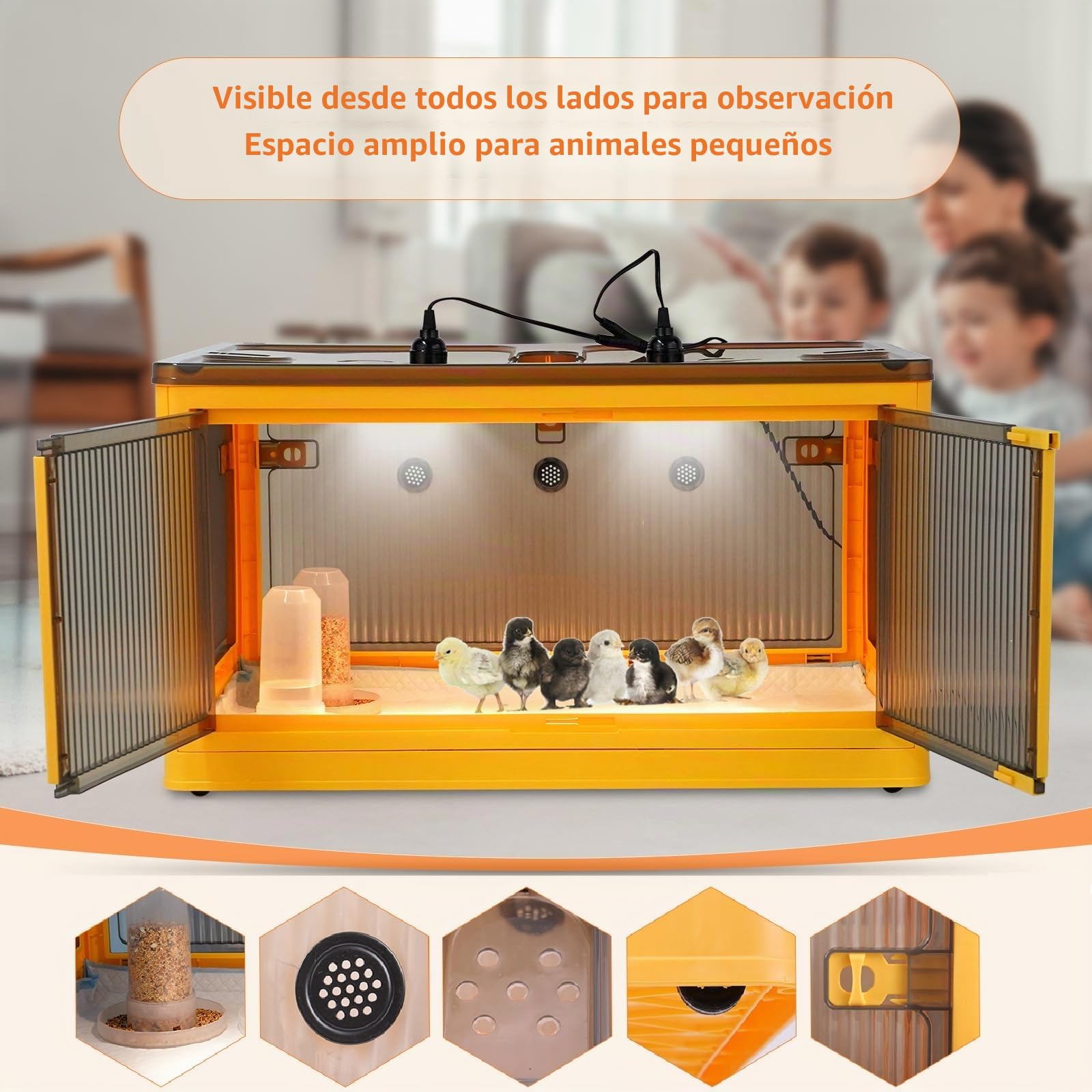 Calentadores Para Gllineros, Criadora De Pollitos, Caja Plegable Con 4 Lámpara De Calor De 50w, Comedero Y Bebedero Automático, Jaula De Cría Para Gatos Y Perros Domésticos (XL)