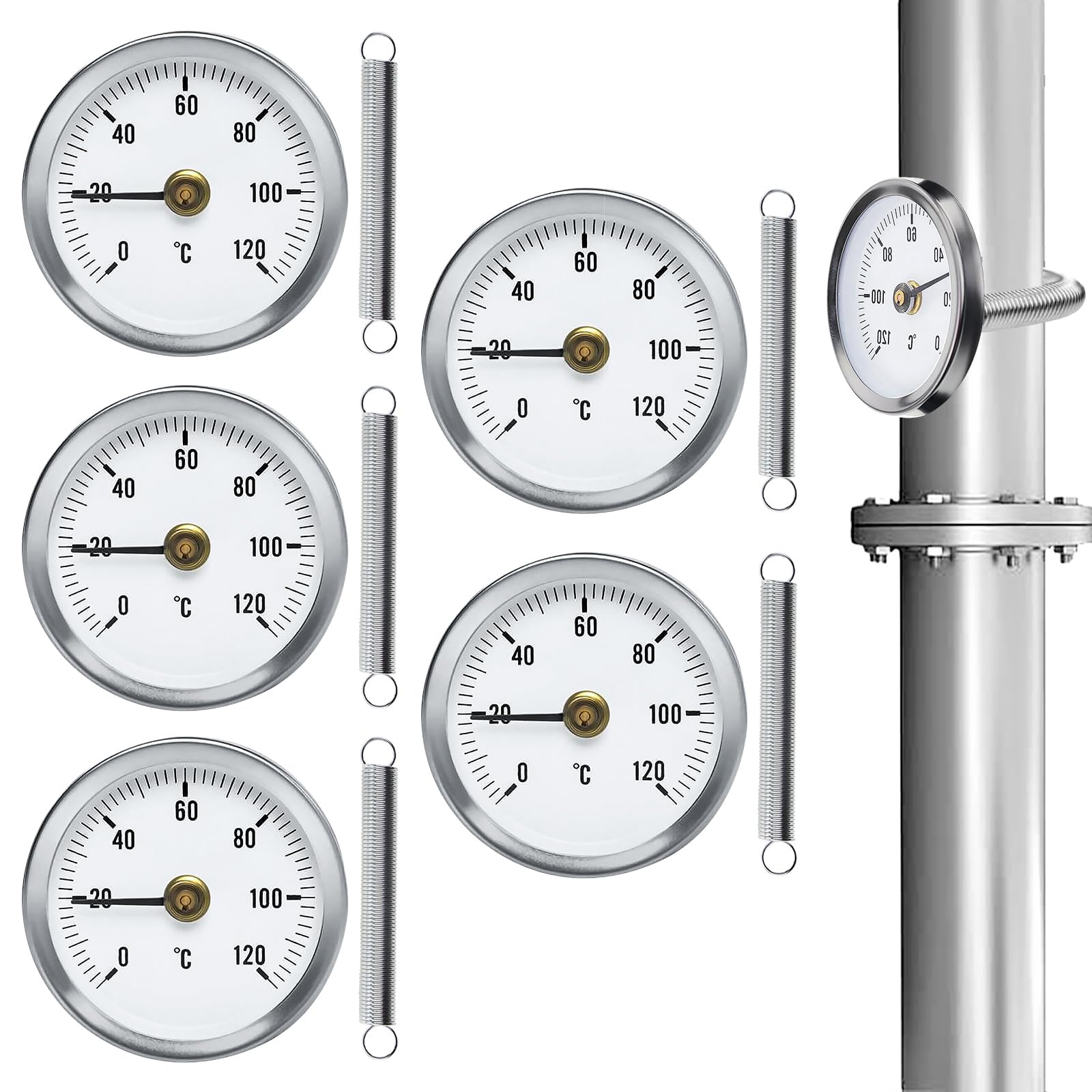 5 Stück Anlegethermometer Heizungsrohr, Rohrthermometer, Temperaturanzeige Mit Clip-On Feder, Mit Aufsteckfeder 63mm Heißes Wasser Rohr Thermometer Zeigerthermometer Für Rohre 0-120℃