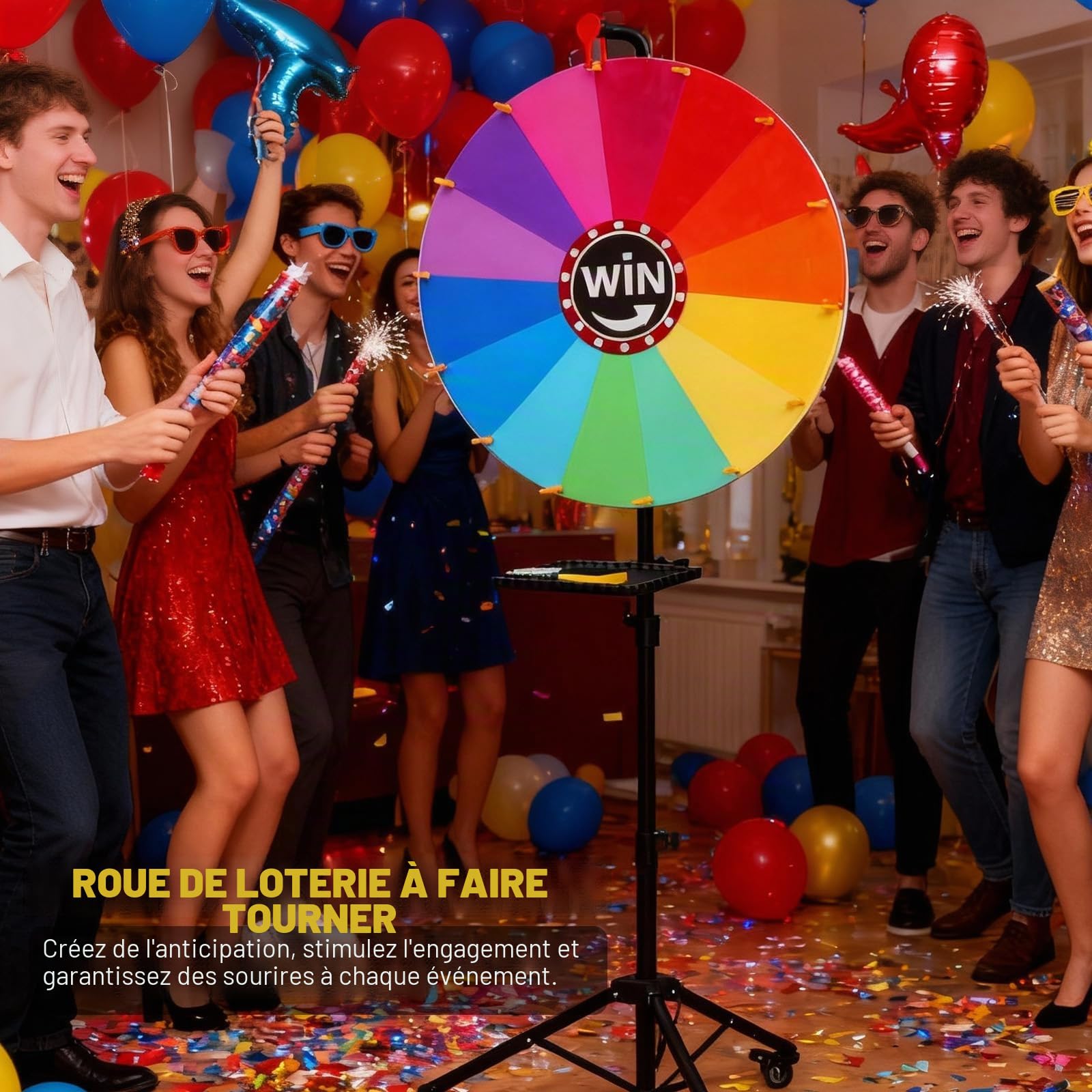 Grande roue porte-bonheur de 60 cm à tourner - Roue porte-bonheur pour créer des dauphins - Avec roulettes pivotantes à 360° - 14 niveaux de prix de couleur réglables - Support réglable de 90