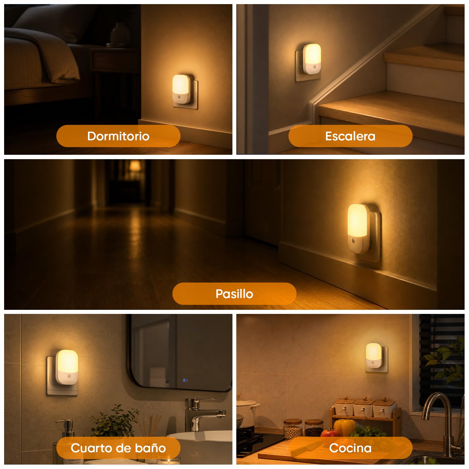 Suright 2 Piezas Luz Nocturnas infantil con Enchufe, Sensor de Luz Inteligente Crepuscular, 5 Brillos Regulables, 3 Modos, Blanca Cálida Lámpara Noche para Habitación Bebé, Escalera, Cocina, 0,3W