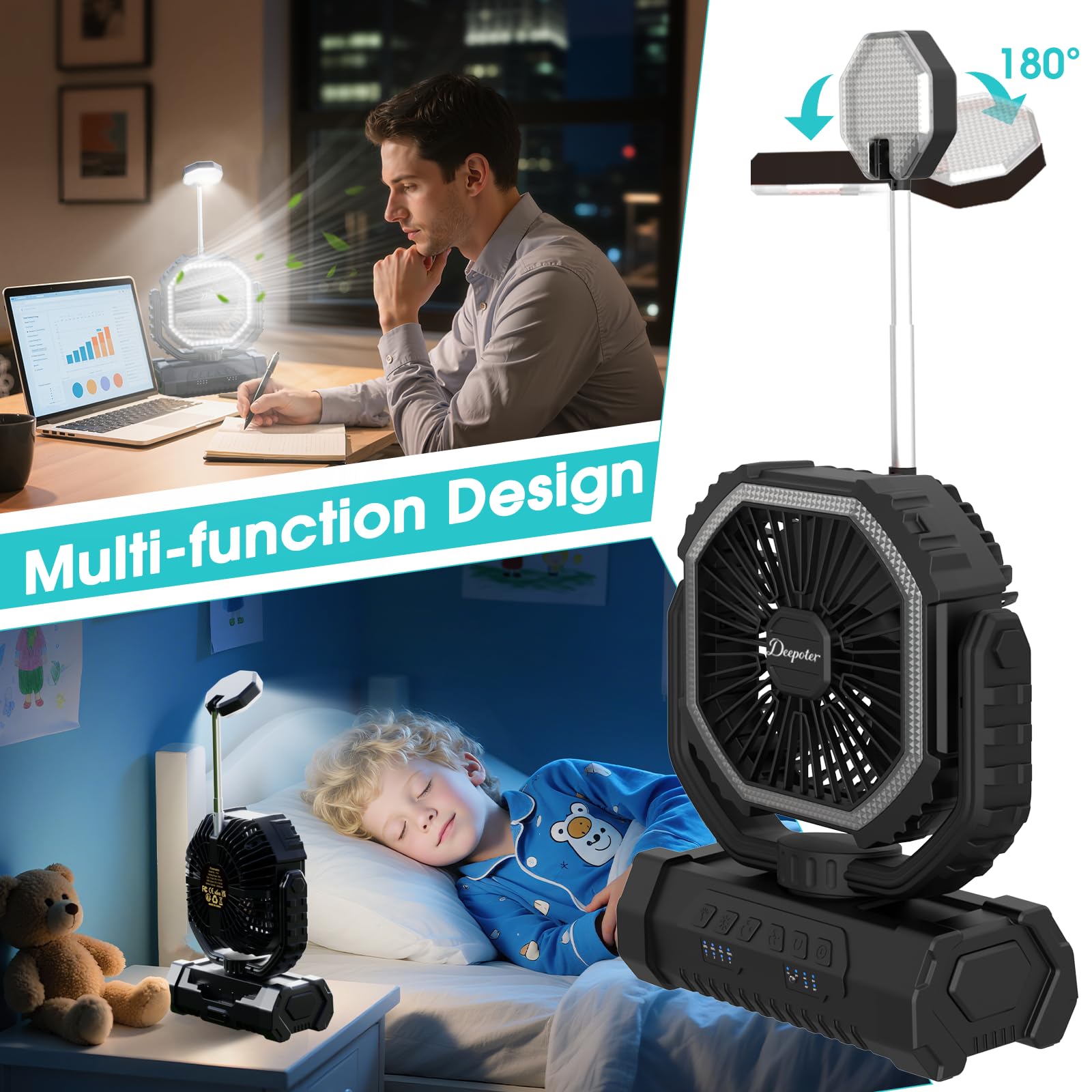 Ventilatore Campeggio 20000mAh con Luce LED, Ventilatore Portatile Ricaricabile con Gancio e Telecomando, Ventilatore USB Scrivania per Esterno Tenda Spiaggia Allaperto - Nero