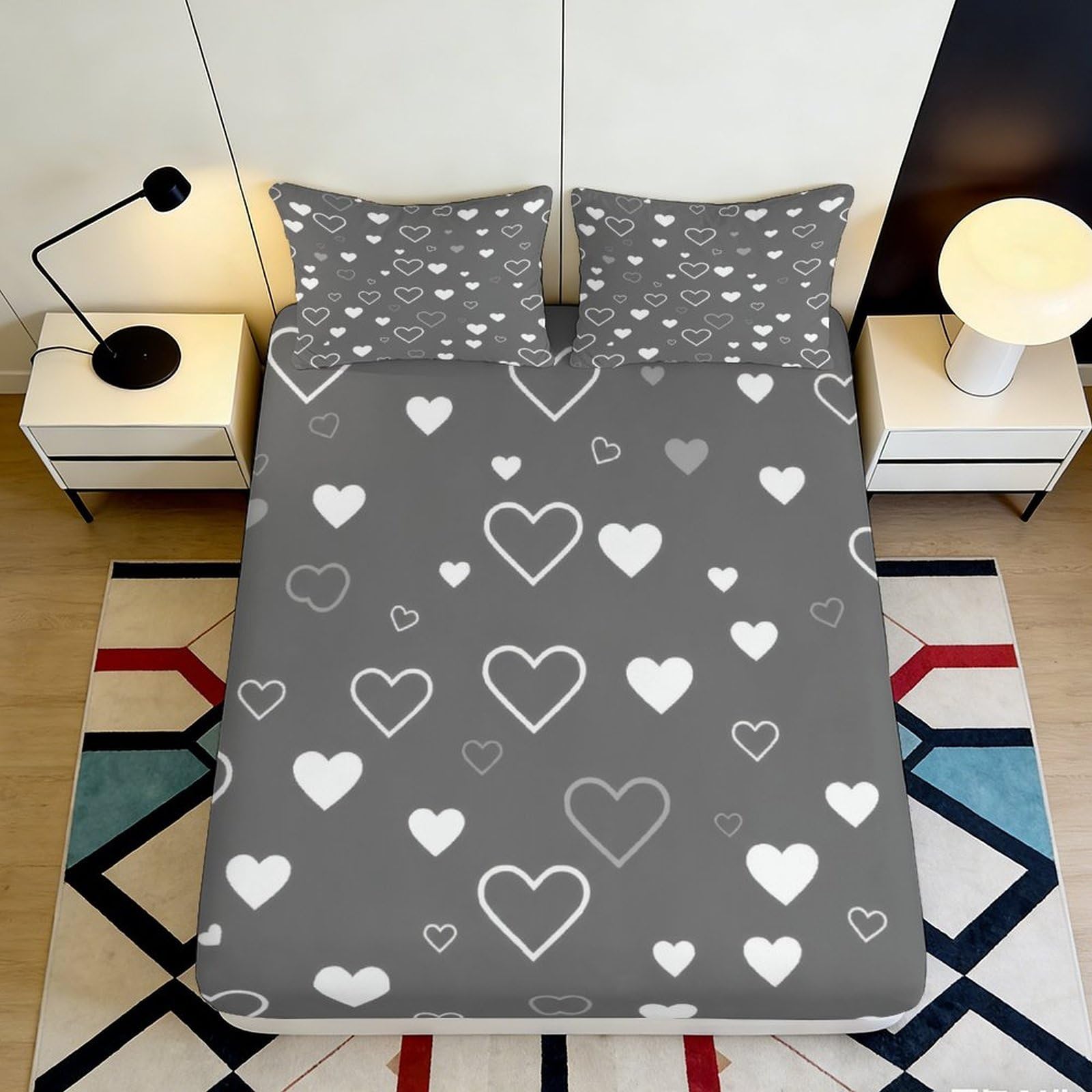 Zfldkwgb Style-5 3D Printed Grey Heart Pattern Fitted Sheet Microfiber Soft Breathable White Heart Bed Cover For Bedroom Dorm 90X200x25cm