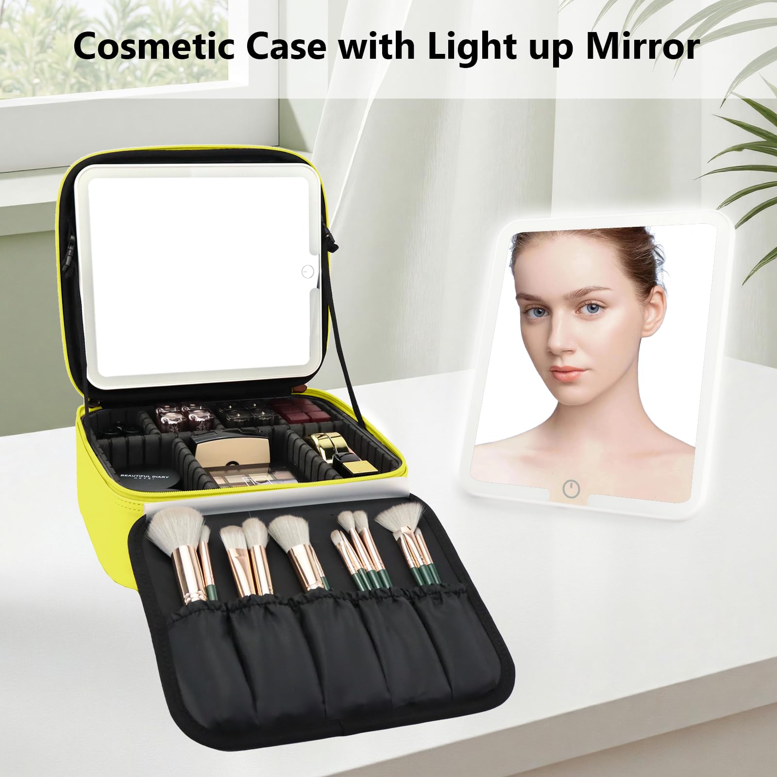 Beauty case con specchio a LED, organizer da viaggio con 3 impostazioni di illuminazione, divisori regolabili e contenitore per pennelli da trucco, 9 giallo