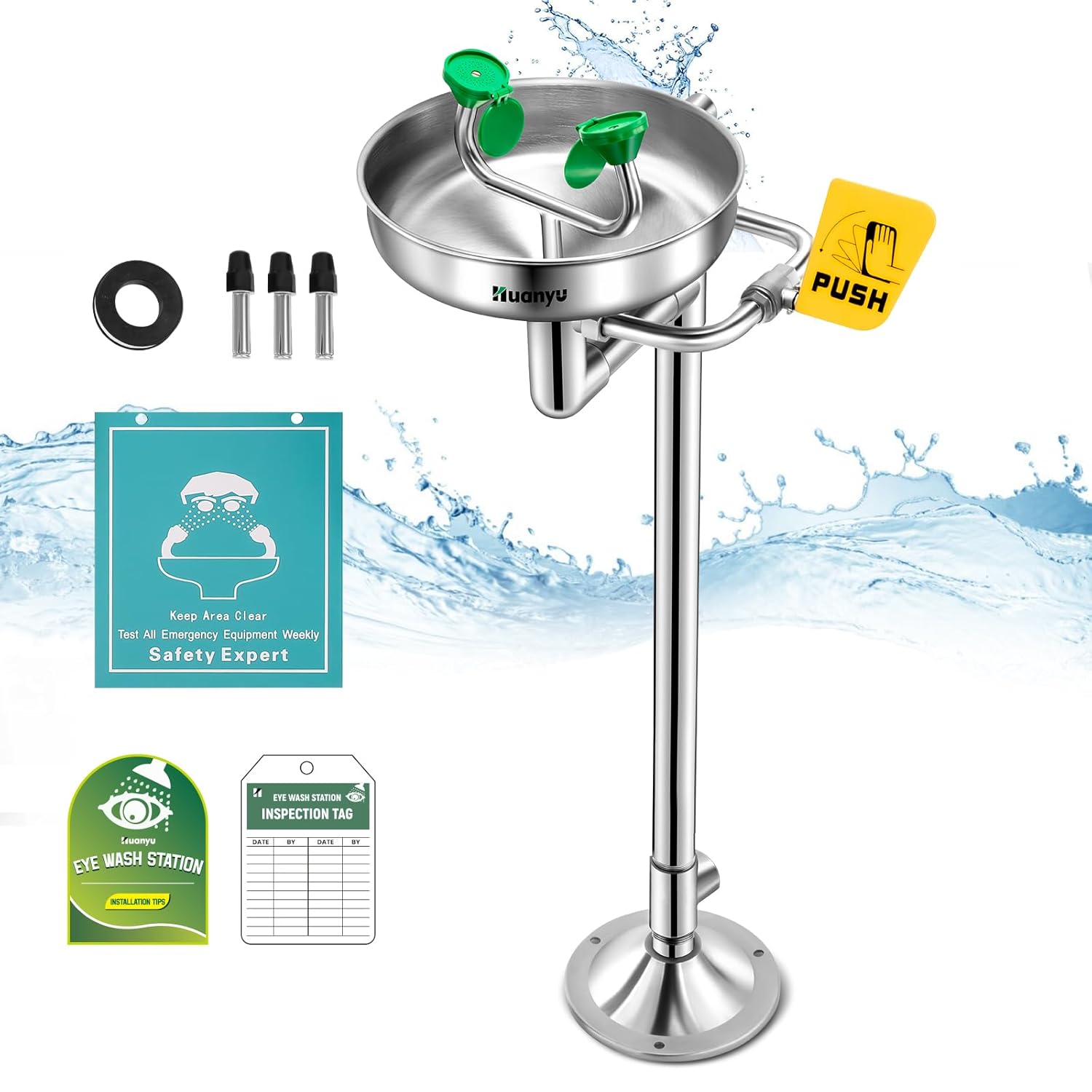 Huanyu Stand Up Eye Wash Station Floor Mounted Eyewash Station Adjustable Water Flow Emergency Eye Washing Station Stainless Steel with Eye Wash Sign Factory (1207 Silver)