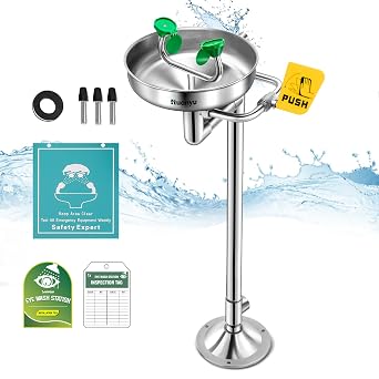 Huanyu Stand Up Eye Wash Station Floor Mounted Eyewash Station Adjustable Water Flow Emergency Eye Washing Station Stainless Steel with Eye Wash Sign Factory 1207 Silver