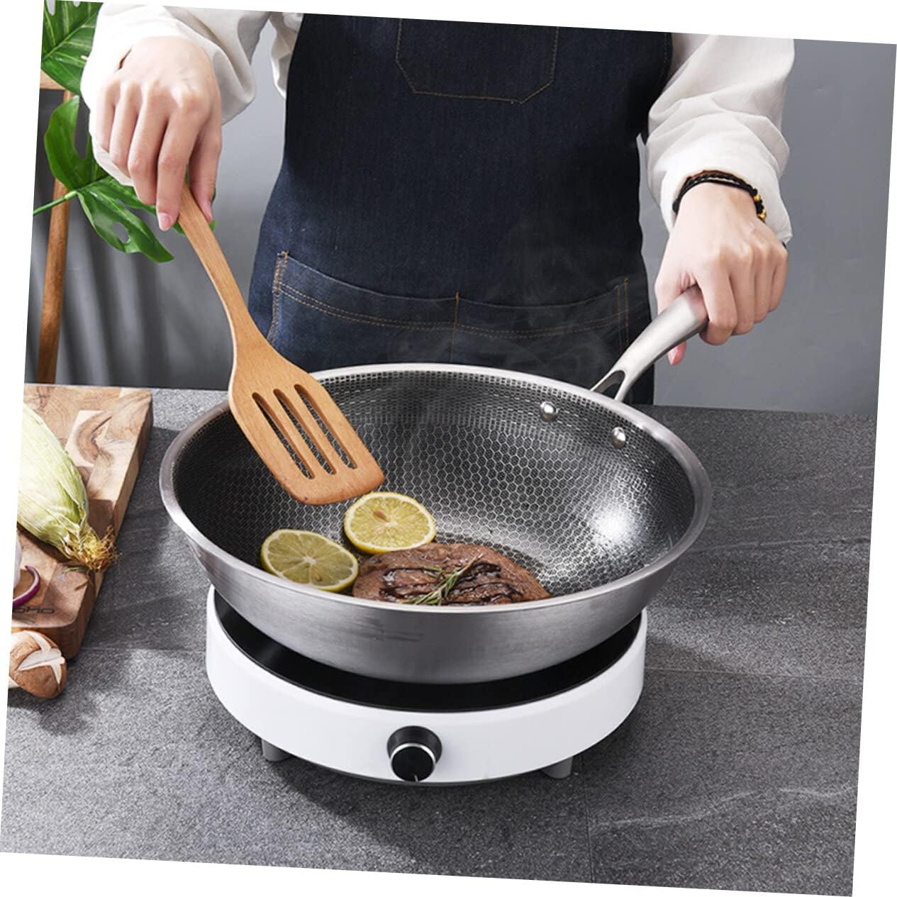 Stainless Steel Wok Flat Bottom Wok Stainless Steel Cookware Stainless Steel Fry Pan Wok with Lid Kitchen Coookware Induction Cooktop Wok Induction Stove Wok Grilling Wok