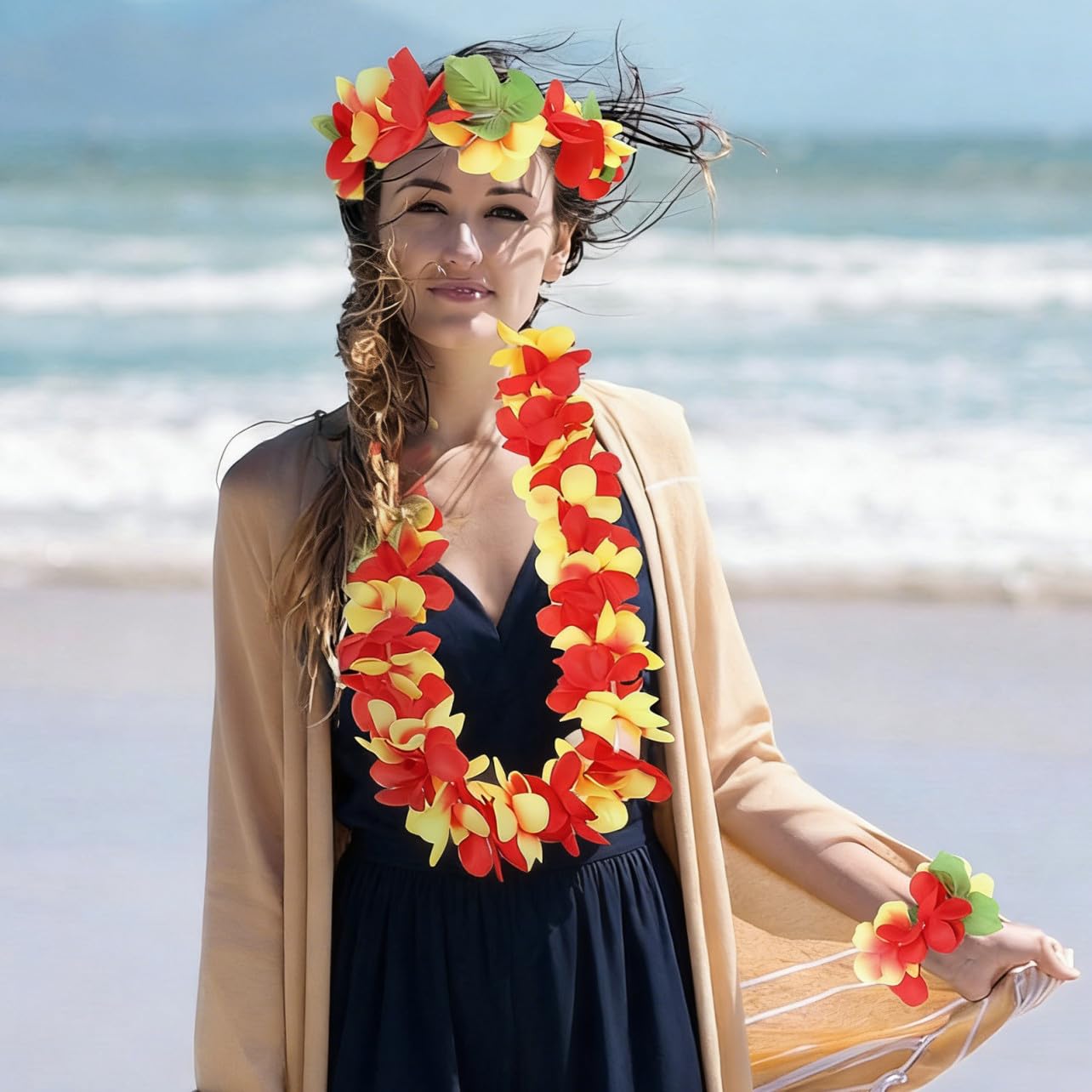 Guirnalda Hawaiana Decorativa con Collares Diademas y Pulseras de Flores Tropicales Accesorios Duraderos y Reutilizables para Eventos Luau y Temáticos Verano