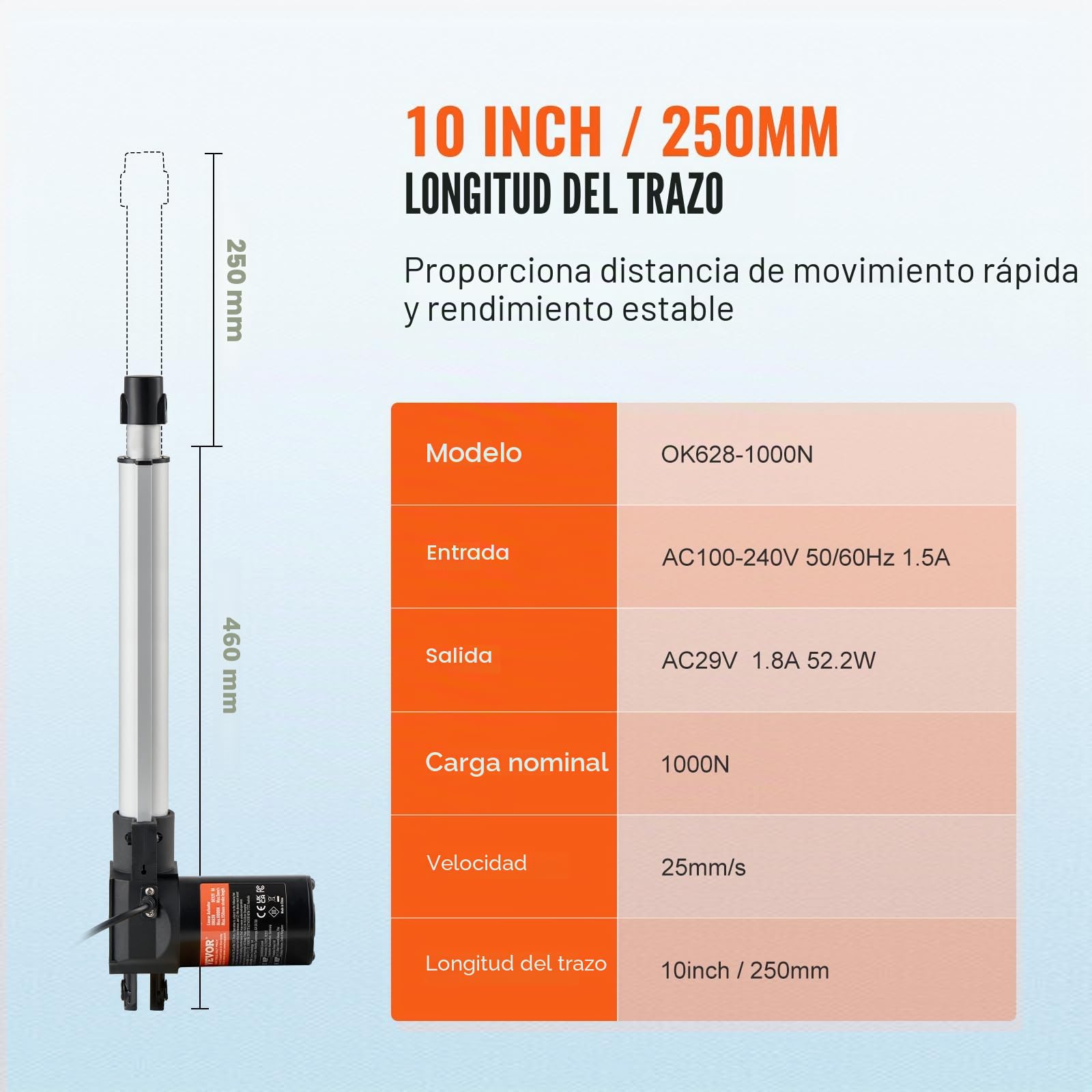VEVOR Actuador Lineal 250 mm 24 V 25 mm/s 220 lb 1000 N IP44 para Elevación TV Mesa Sofá