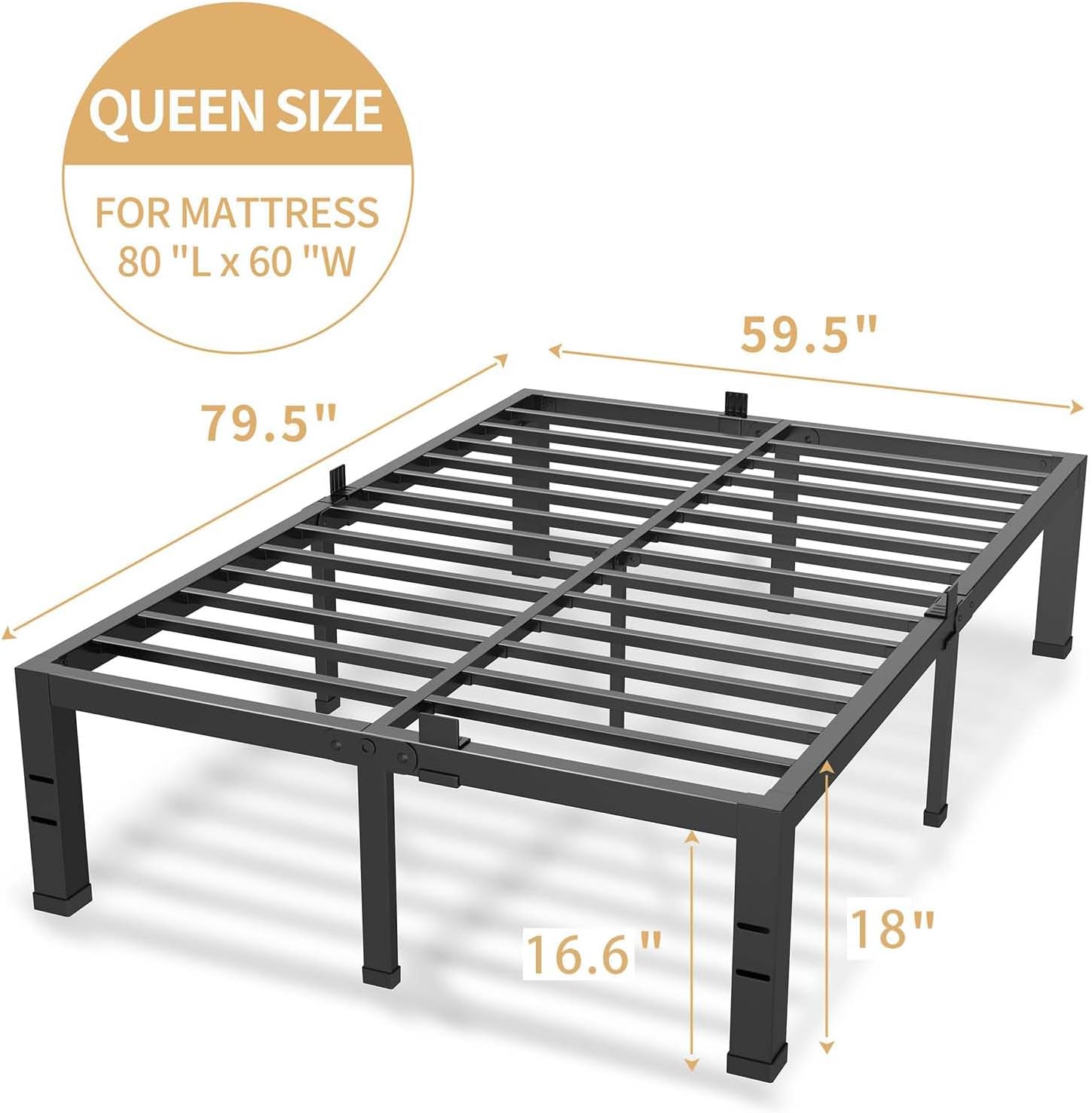 18 Inches Bed Frame Queen Size, Heavy Duty Metal Platform Bed Frame No Box Spring Needed, Easy Assembly, Noise Free Bedframes with Mattress Slide Stopper