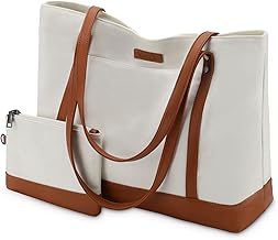 VASCHY Women's tote bag, shoulder bag, large fashion bag for teacher, 15.6 inch laptop bag with padded shockproof compartment for travel, work, shopping, business, office, Beige and Brown, L