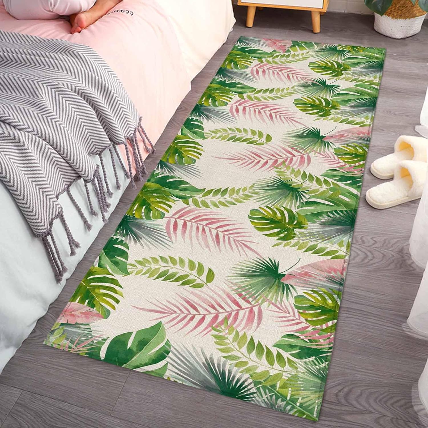 Kitchen Mats for Floor Green Pink Tropical Leaves on Burlap Washable Non Slip Kitchen Rugs 1PCS, Watercolor Plant Monstera Absorbent Standing Mats for Sink Bathroom Office Living Room 15.7x47.2in