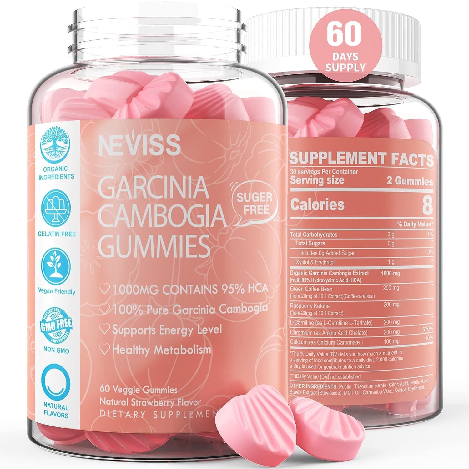 Sugar Free Garcinia Cambogia Gummies 1000mg 95 HCA with LCarnitine, Raspberry