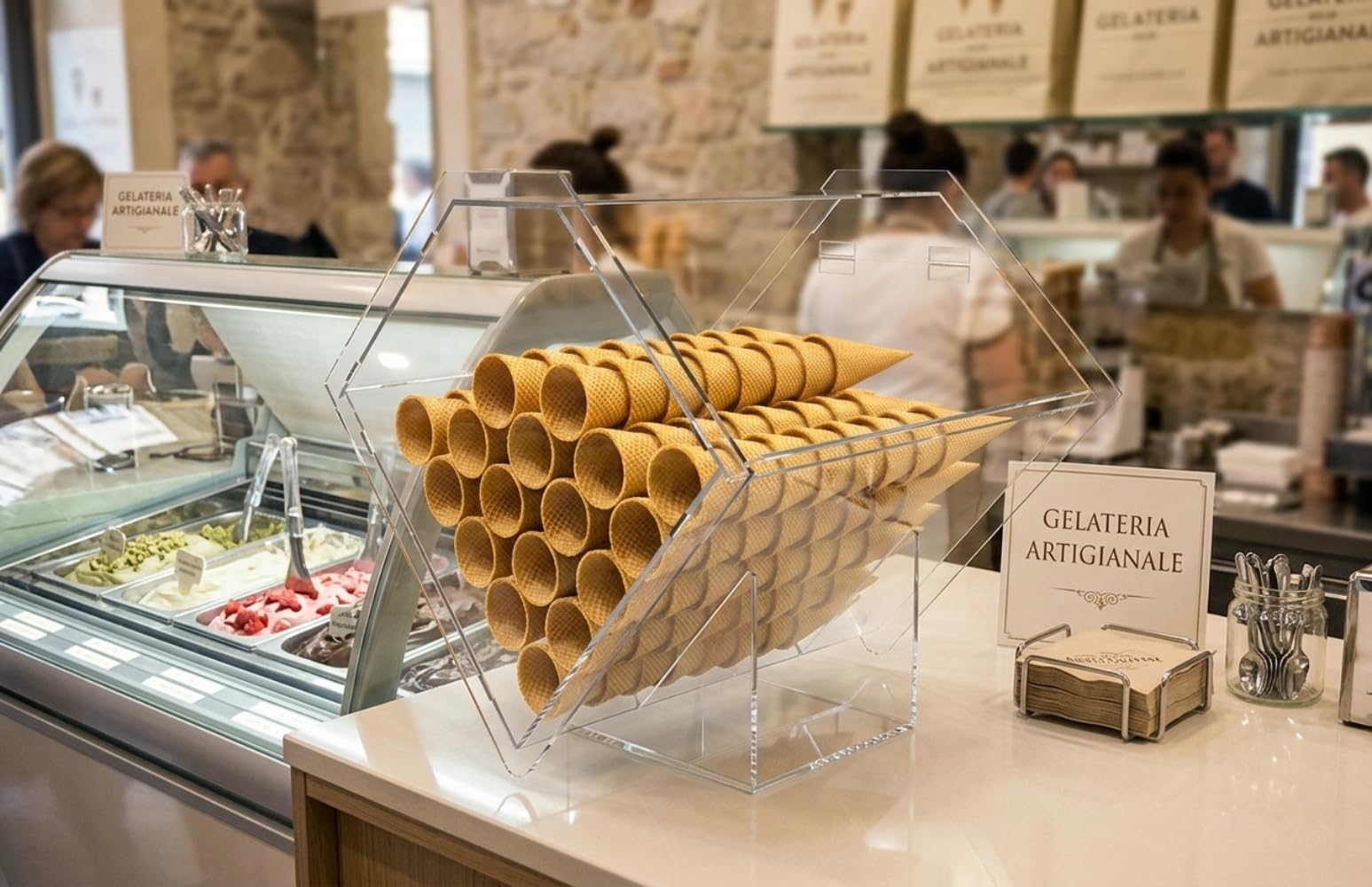 Contenitore Espositore Porta Coni Gelato da Banco in Plexiglass Trasparente Forma Romboidale Diamante Design con Apertura Frontale H 40 x L 45 x P 41 cm