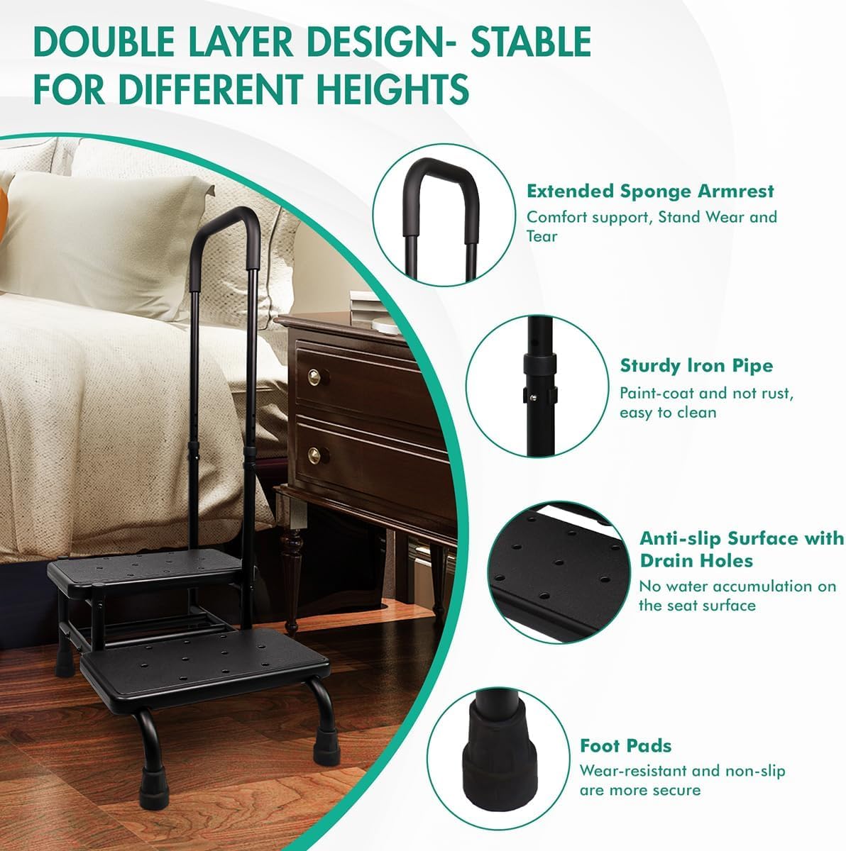 2 Step Stool with Handle, Height Adjustable Stepping Stool, Step Foot Stool with Non-Skid Platform & Luminous Strip, Holds up to 400 Pounds for Kitchen, RV, Car, Bathtub