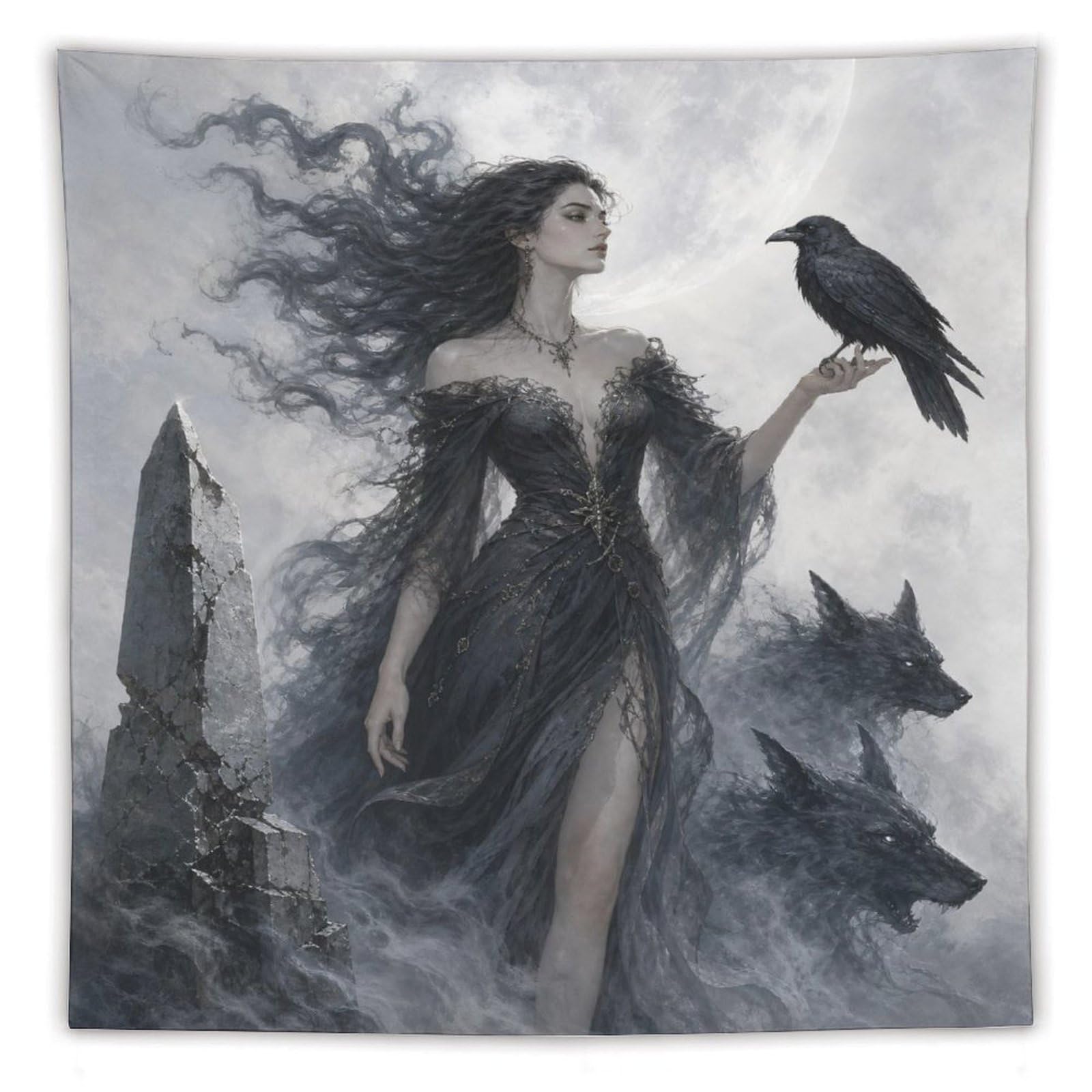 W7C8U2X3 Raven Witch with Black Dress Wall Tapestry, Fantasy Illustration