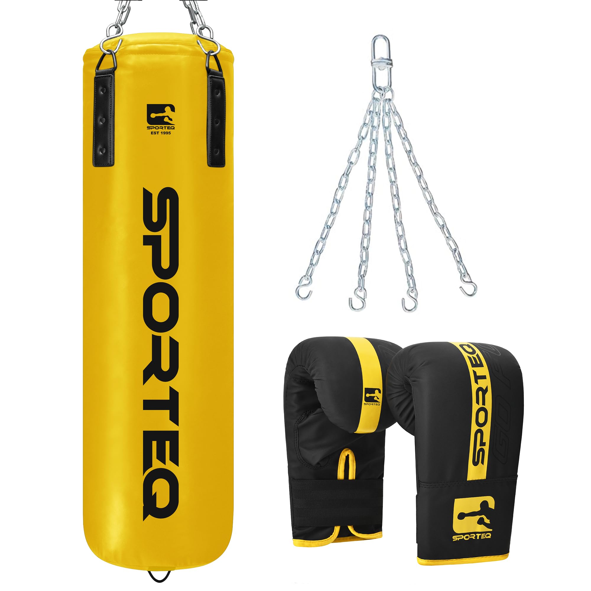 Sporteq Dyno Heavy Boxing Filled Punching Bag 3FT, 4FT & 5FT for All Ages & Genders | Martial Arts Kickboxing Muay Thai Karate | Home & Commercial Gym Use (Yellow, 5FT)