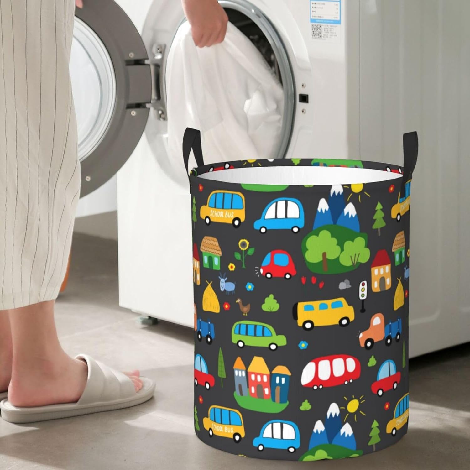 Cute Cars Bus Doodle Cartoon Laundry Basket Waterproof Foldable Laundry Hamper with Durable Handle Circular Dirty Clothes Storage Basket for Bedroom Bathroom Living Room