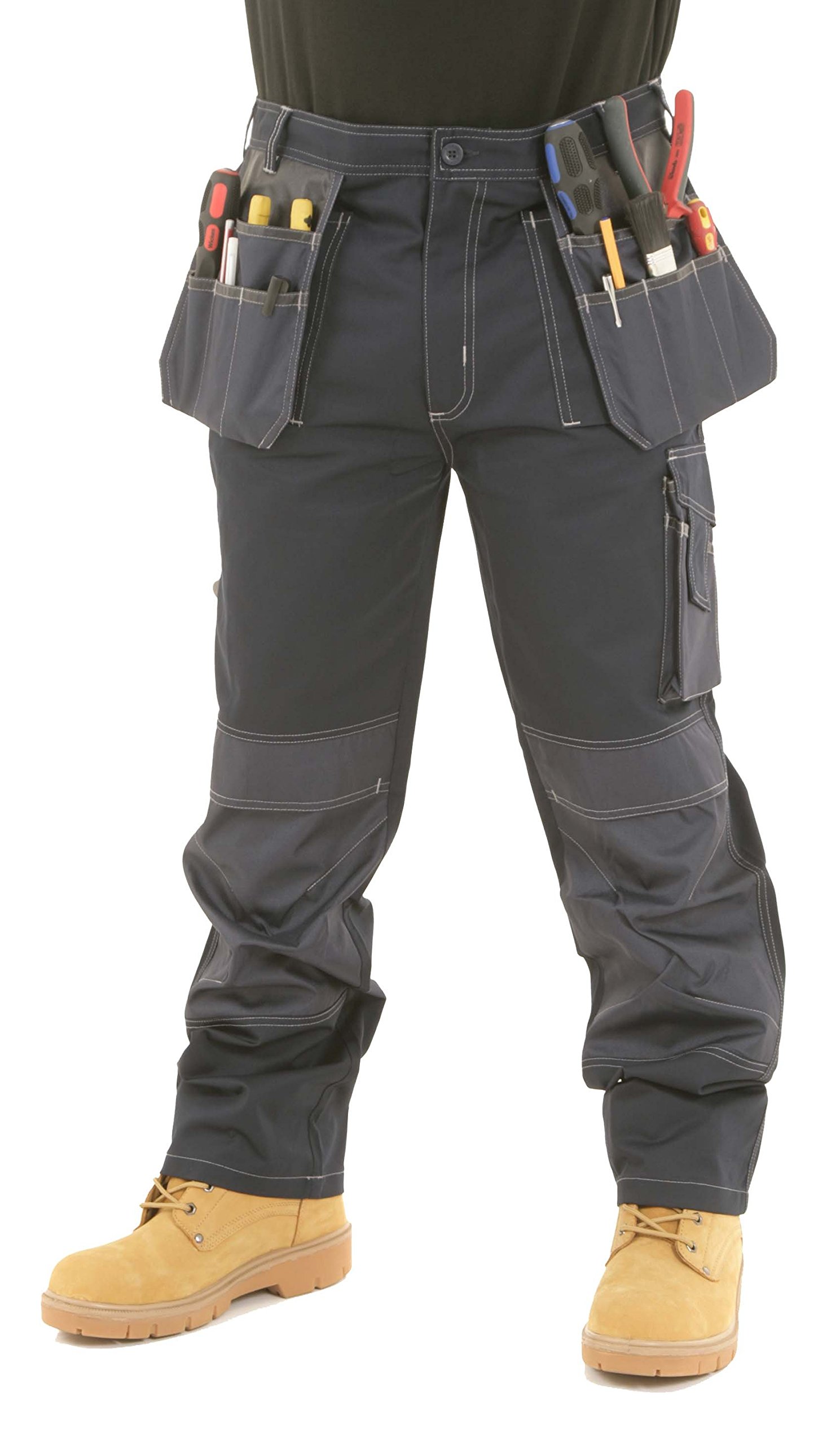 SITE KING Mens Heavy Duty Cargo Holster Pocket Work Trousers Contrast Stitching with Knee Pad Pockets (42 Waist / 31" Regular Leg, Navy)