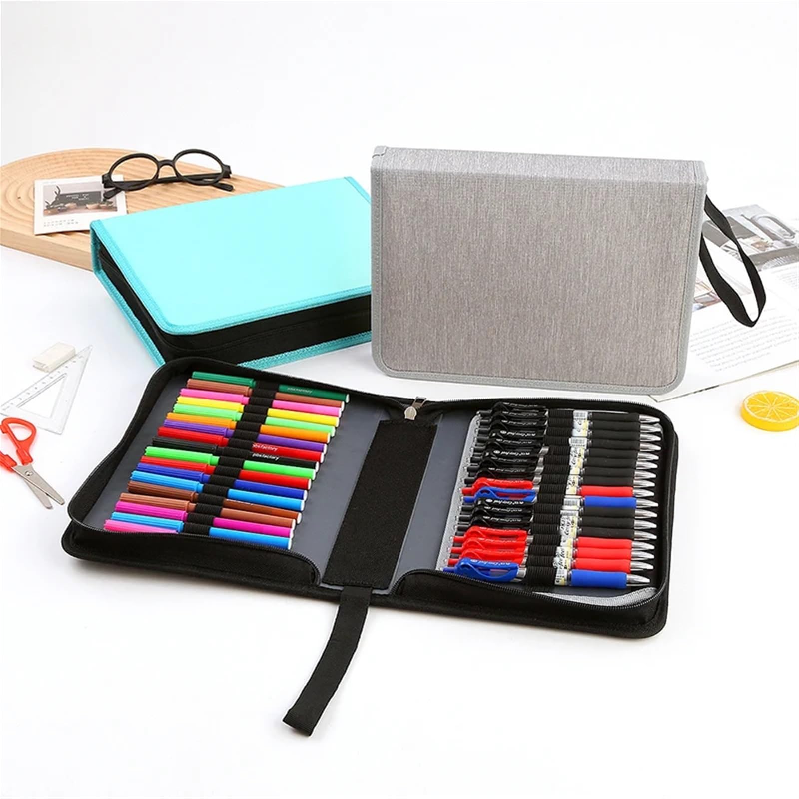 Federmäppchen mit 36/55/72 Fächern, for die Schule, Schreibwarentasche for Mädchen, Organizer, große Kapazität, Stiftebox, ästhetisches Gelehrten-Set(36 Slots Blue)