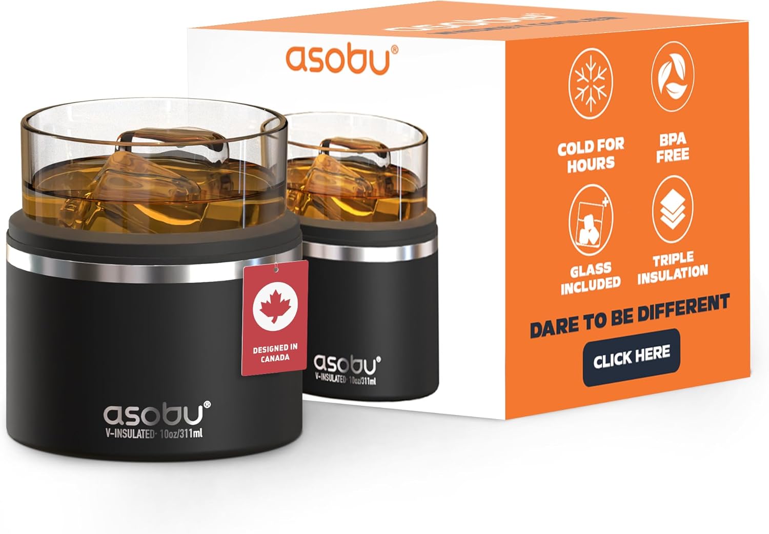 asobu Whiskey Glass with Insulated Stainless Steel Sleeve, 10.5 ounces (Smoke)