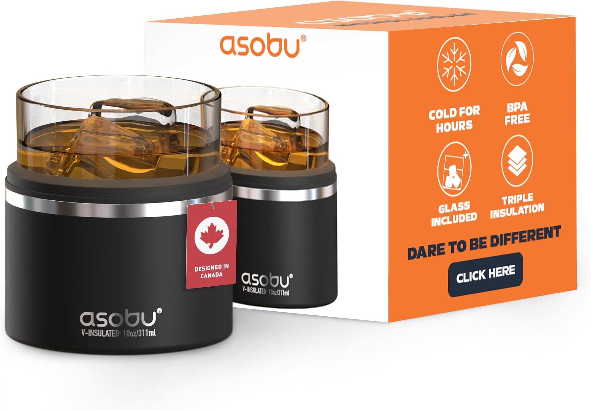 asobu Whiskey Glass with Insulated Stainless Steel Sleeve, 10.5 oz
