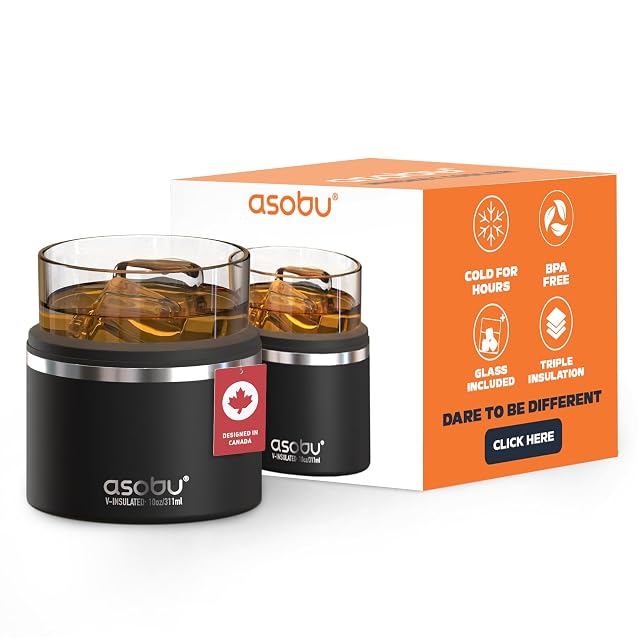 asobu Whiskey Sleeve Glass Insulated Bourbon Tumbler with Premium Rocks Glass BPA-Free Double-Wall Stainless Steel Keeps Drinks Cold
