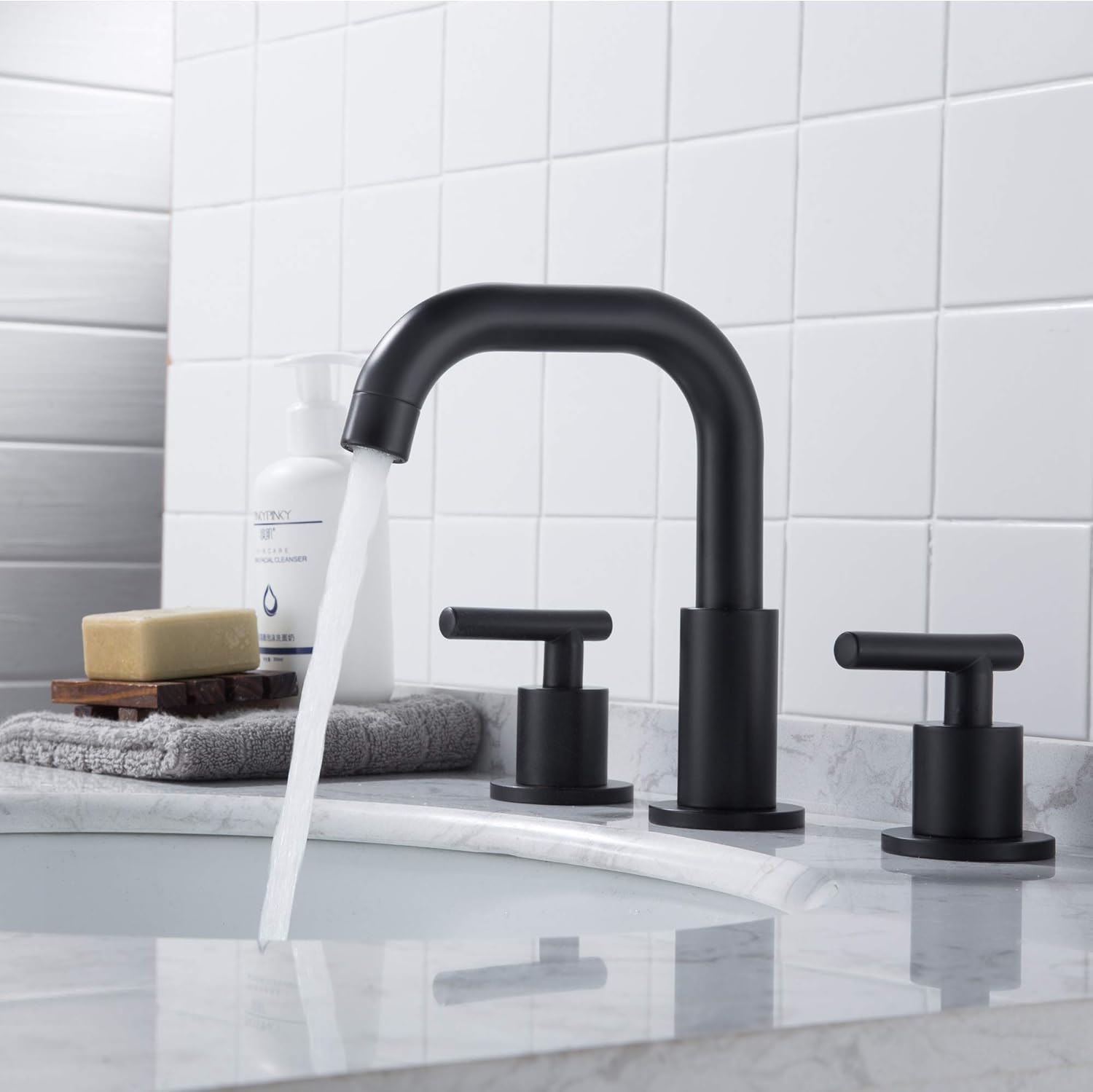 Black Friday Sale 2022 MYHB Matte Black Bathroom Faucet for 3 Hole Sink 8 inch Widespread 2-Handle, Drain Included, SH001H