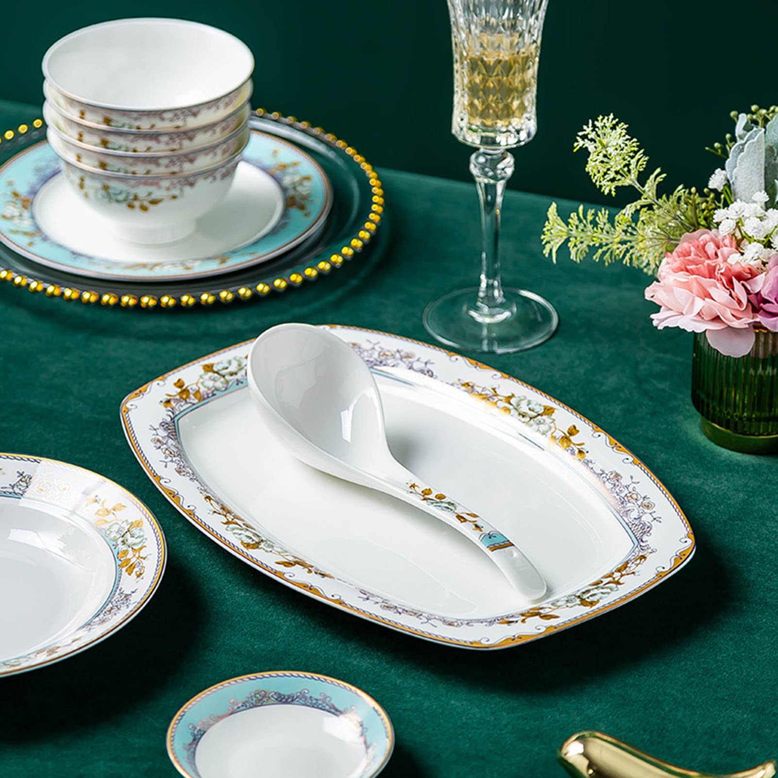 Zestaw Obiadowy, 60-Częściowy Zestaw Naczyń Obiadowych Z Porcelany Kostnej Dla 10 Osób, Komplet Obiadowy, Elegancka Zastawa Stołowa, Można Myć W Zmywarce, Seria Kwiatowa