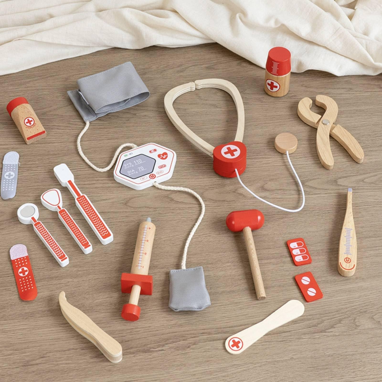 Gioco Del Dottore Bambini Set Medico Finto Kit Dottore Giocattolo Valigetta Legno con Pezzi Lisci E Tattili per Esplorazione Fiducia E Narrazione , Scatola Regalo