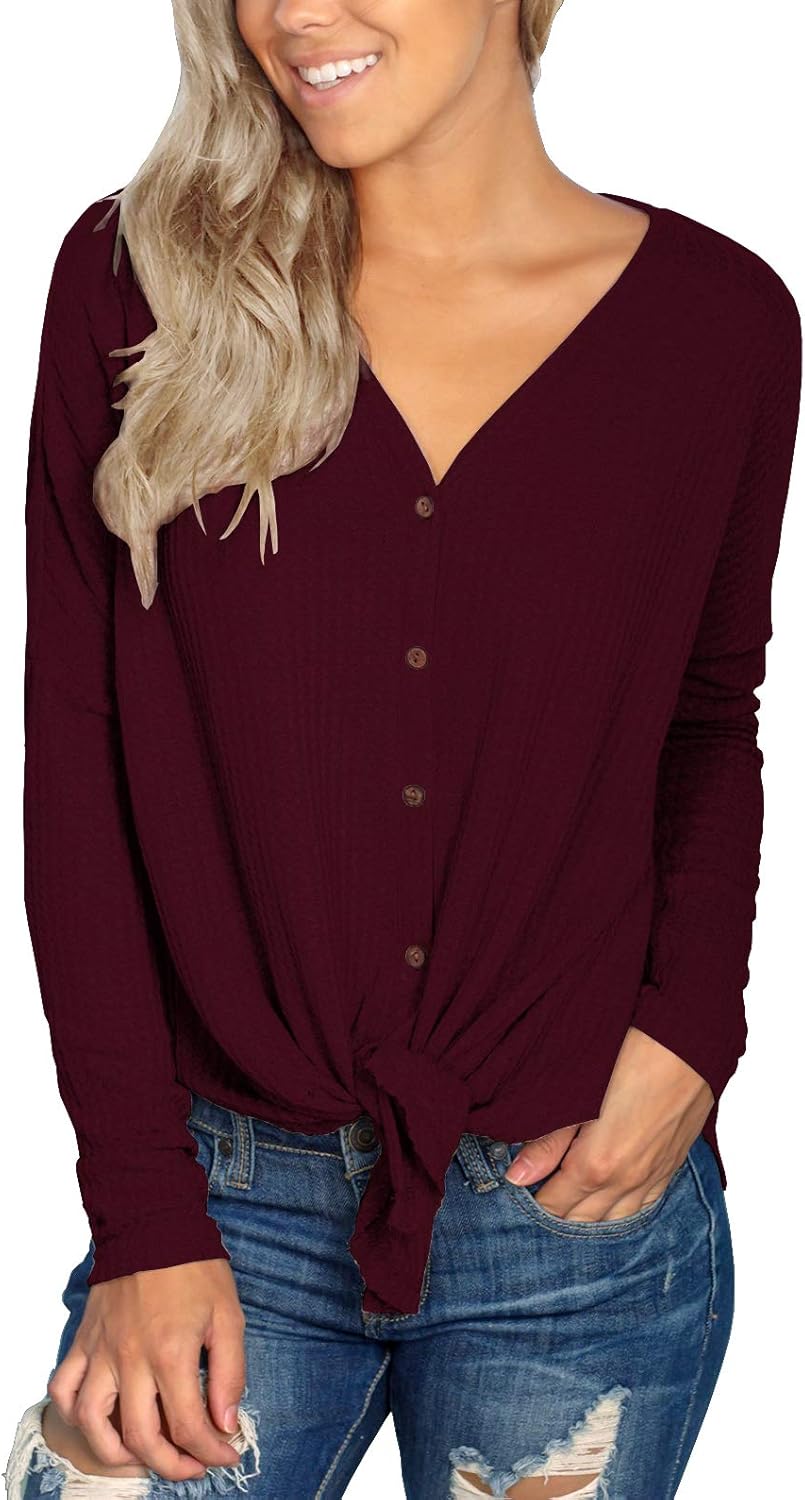IWOLLENCE Women's Waffle Knit Tunic Blouse Tie Knot Henley Tops Loose Fitting Bat Wing Plain Shirts at  Women’s Clothing store
