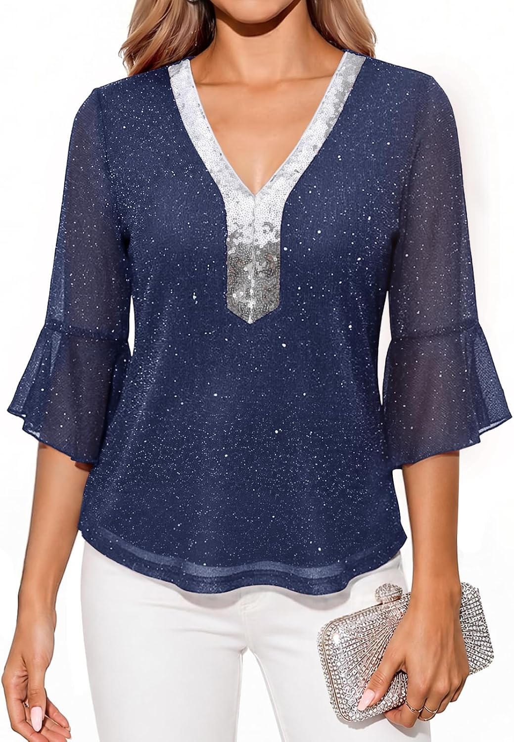 DRESSTELLS Women 3/4 Sleeve Sequin Tunic Top Sparkly Formal Blouses Shirt | Loose Fit, Double Layers, Stretchy Mesh, Gliiter V Neck