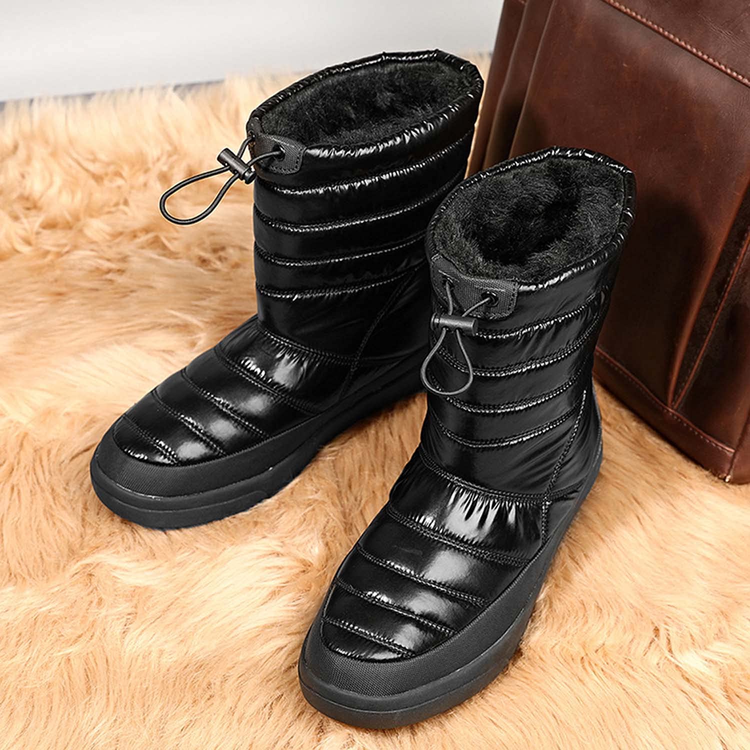 Botas de nieve para mujer invierno cálido forro de piel al aire libre sin cordones en botines impermeables zapatillas de deporte, Black, 37 EU