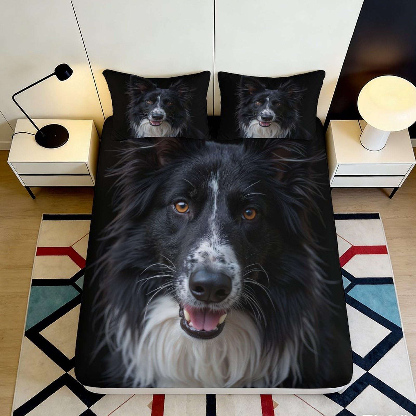 3D Printed Black Border Collie Fitted Sheet Microfiber Non-Slip Bed Cover for Bedroom Guest Room Decor Easy Care 90x200x25cm