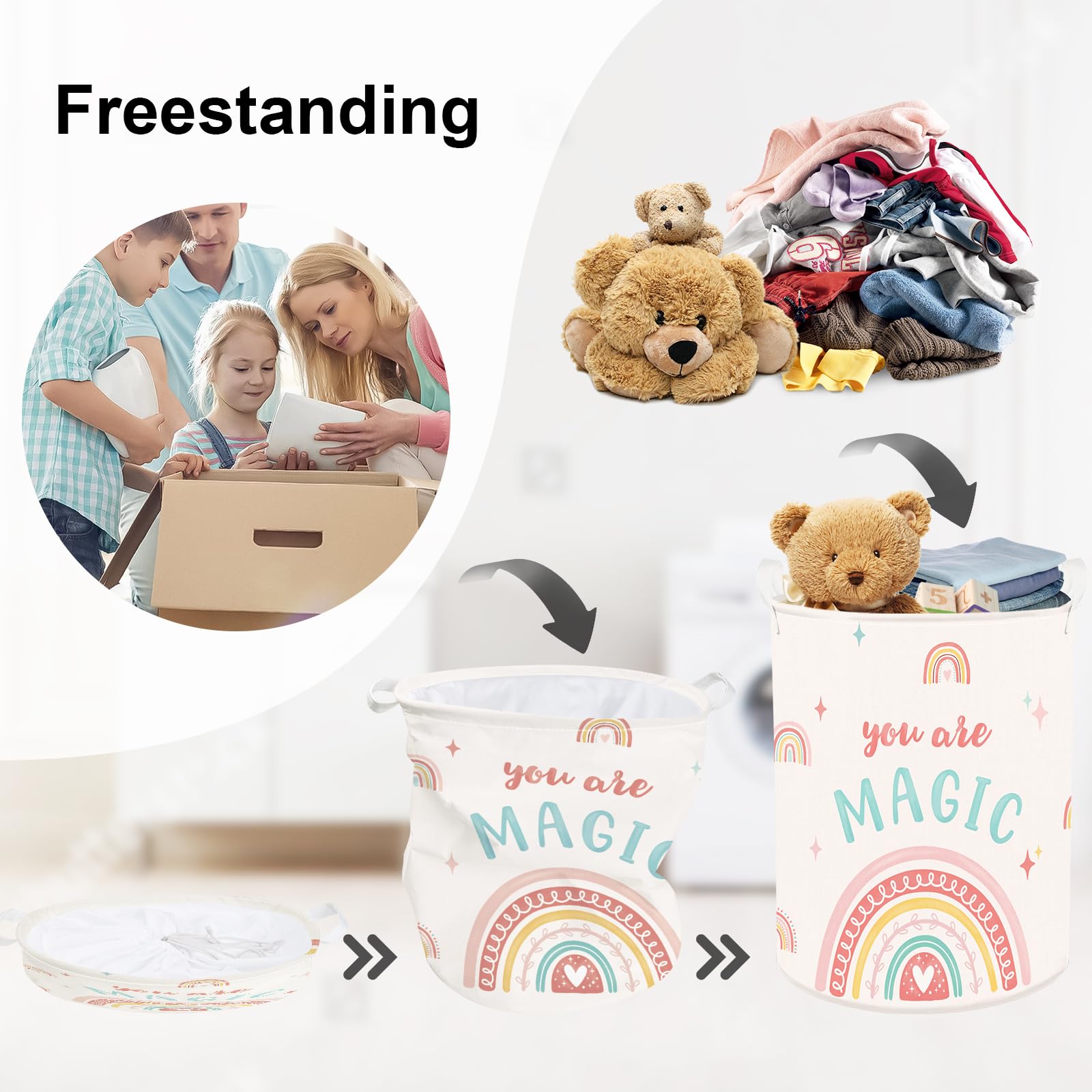 HUUMONSS Boho Rainbow Baby Laundry Hamper Collapsible Clothes Kids Storage Basket Large Girls Gift Toy Box Bin for Nursery Room Pink - Image 3