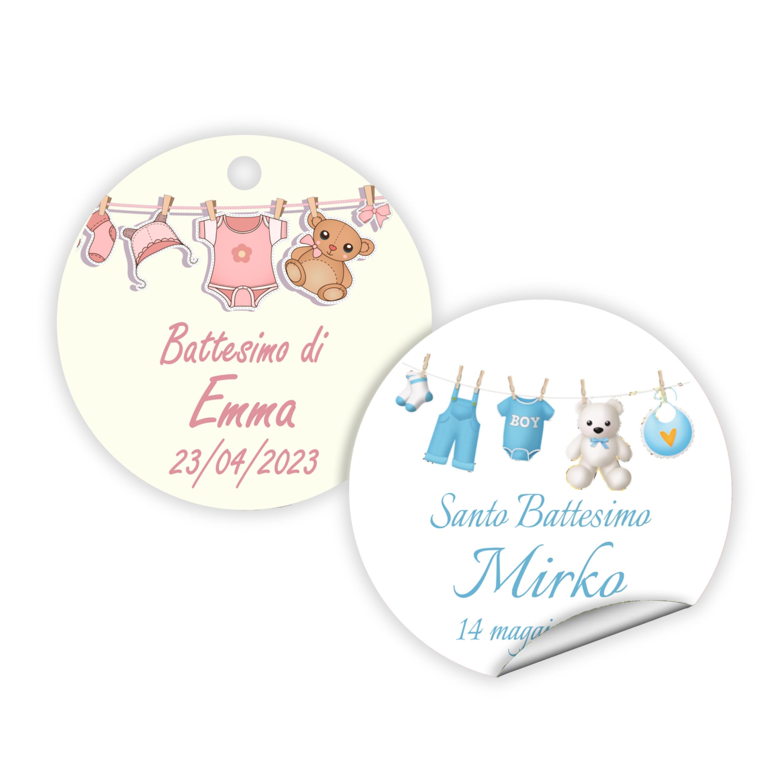 Tags etichette nascita Ovale Rosa personalizzate con nome e data con foro - Set da 40, 80